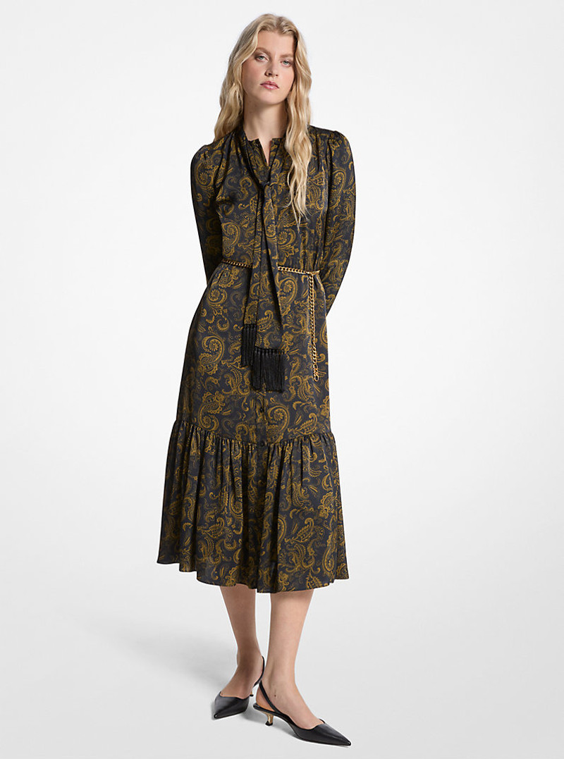 Paisley Print Satin Tie-Neck Midi Dress 1
