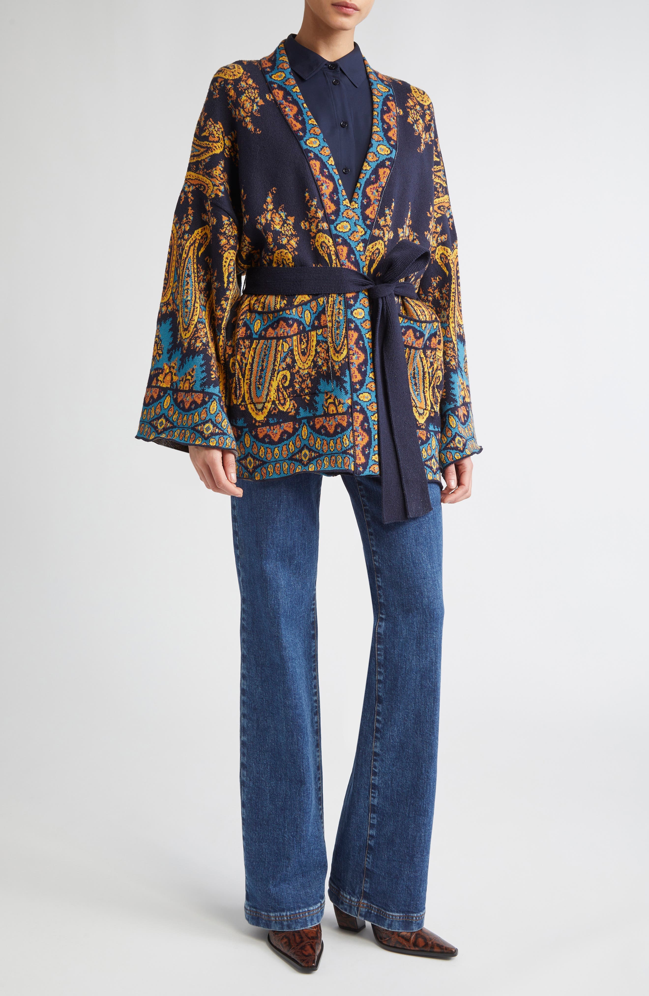 Etro Paisley Jacquard Wrap Cardigan in Print On Blue Base at Nordstrom - 1