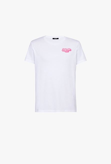 Balmain x Barbie - White eco-designed cotton T-shirt with small pink Balmain Paris logo print - 1