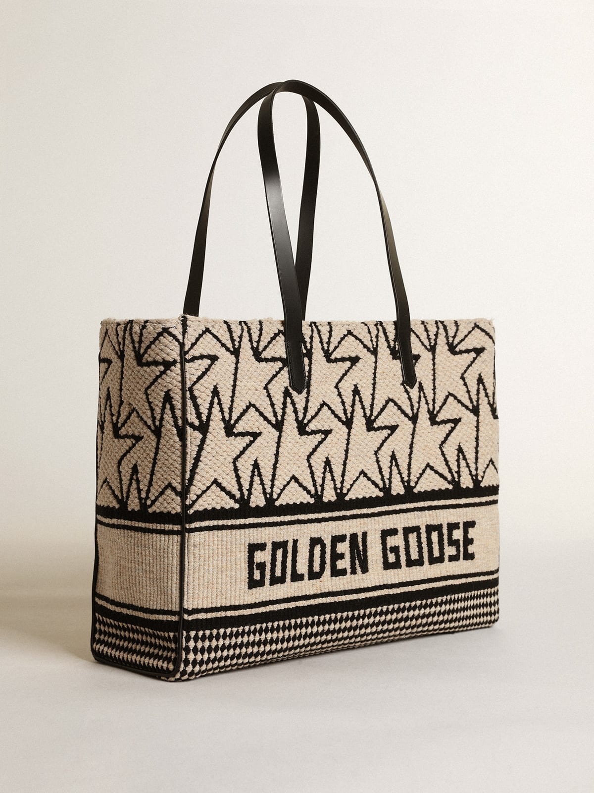 East-West California Bag in milk-white jacquard wool with contrasting black monograms and Golden Goo 5