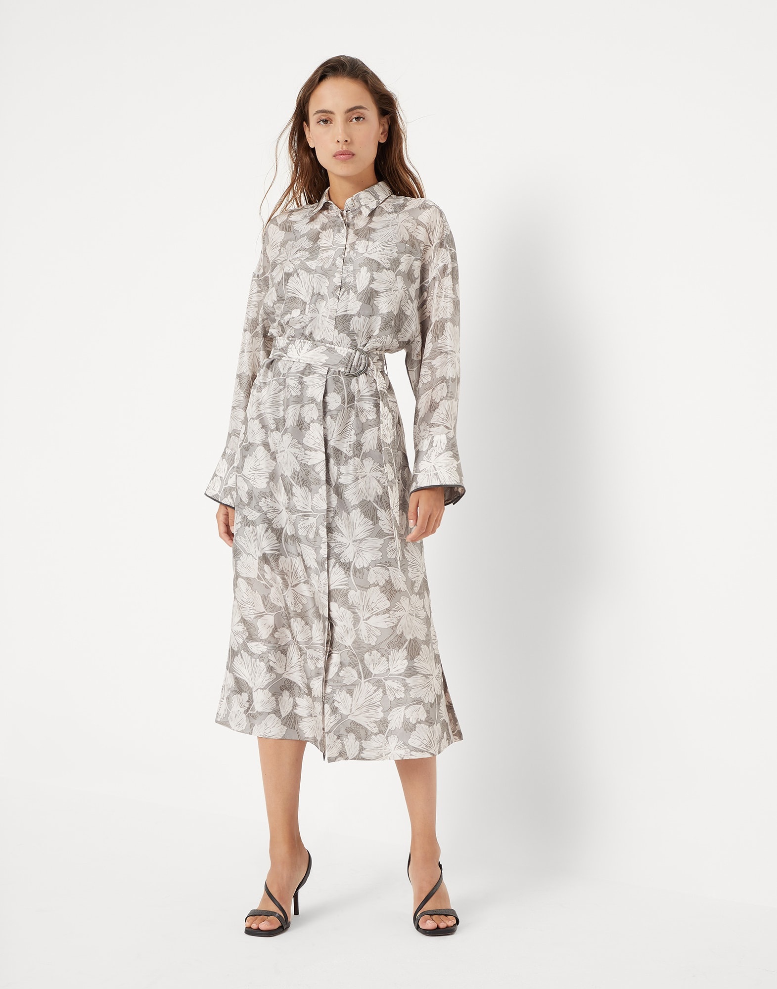 Silk ginkgo print pongée shirt dress with belt and shiny cuff details - 1