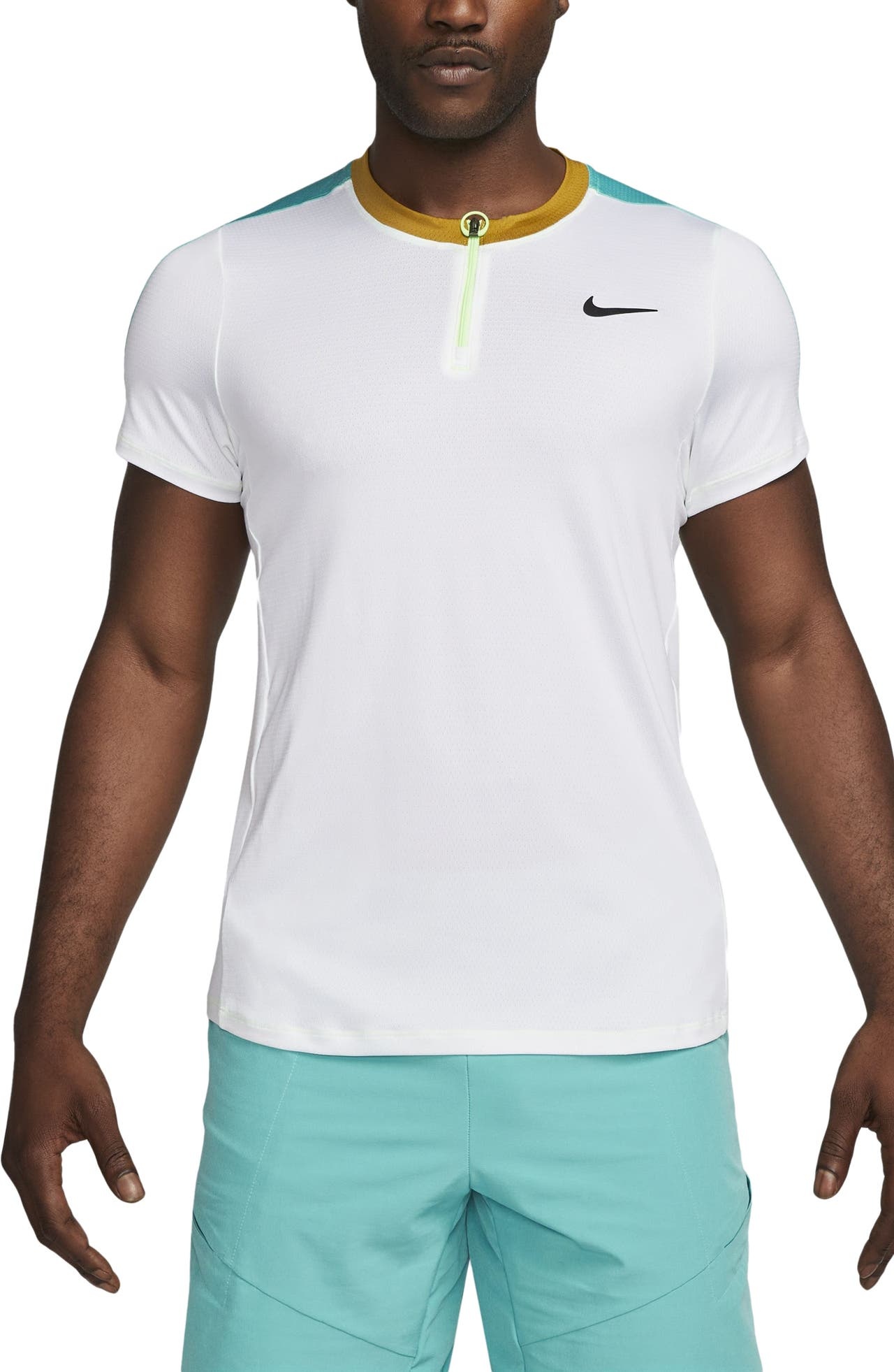 Nike Court Dri-FIT Advantage Tennis Half Zip Short Sleeve Top in White/Teal/Bronzine/Black at Nordst - 1