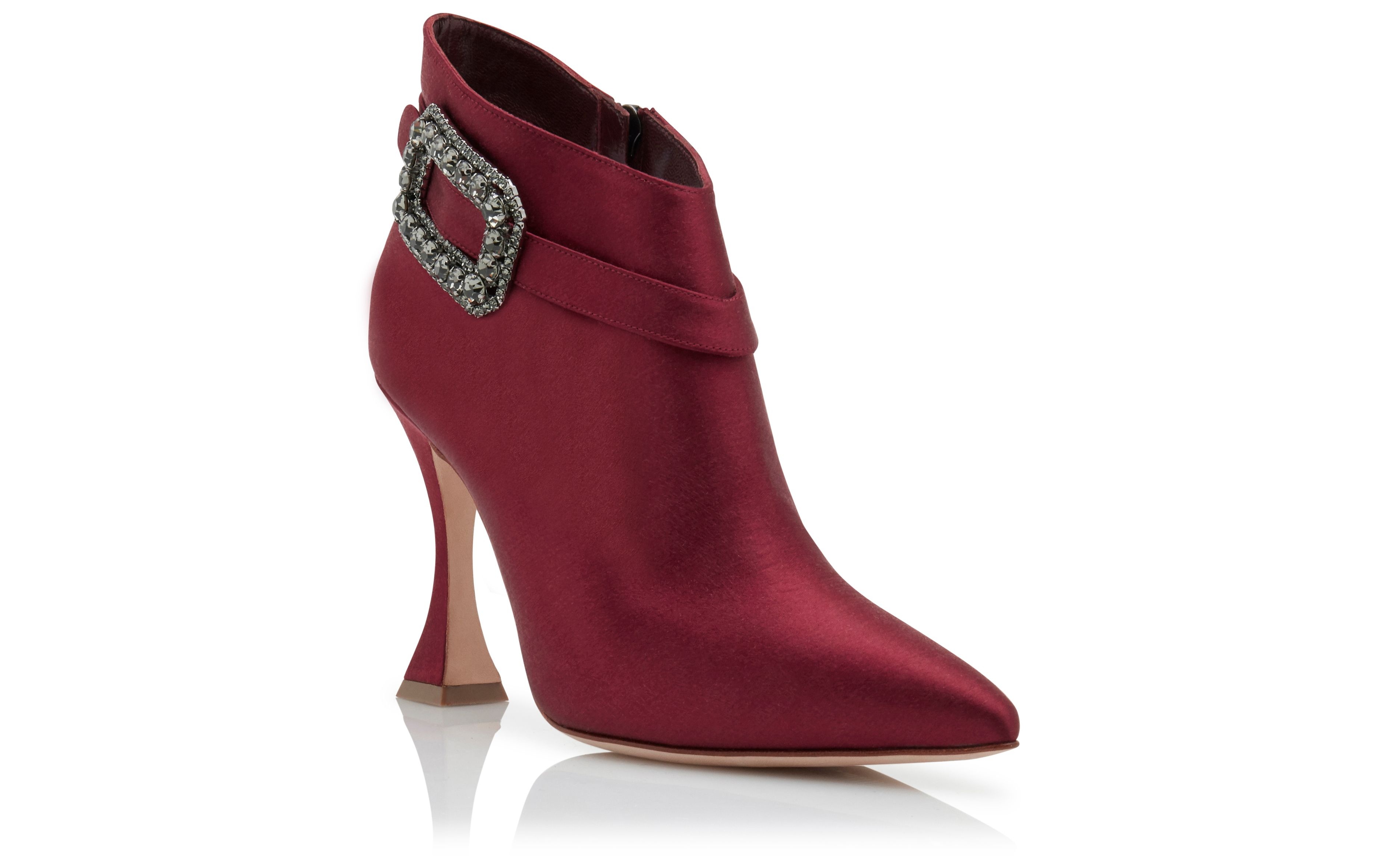 Dark Red Satin Crystal Buckle Ankle Boots - 3