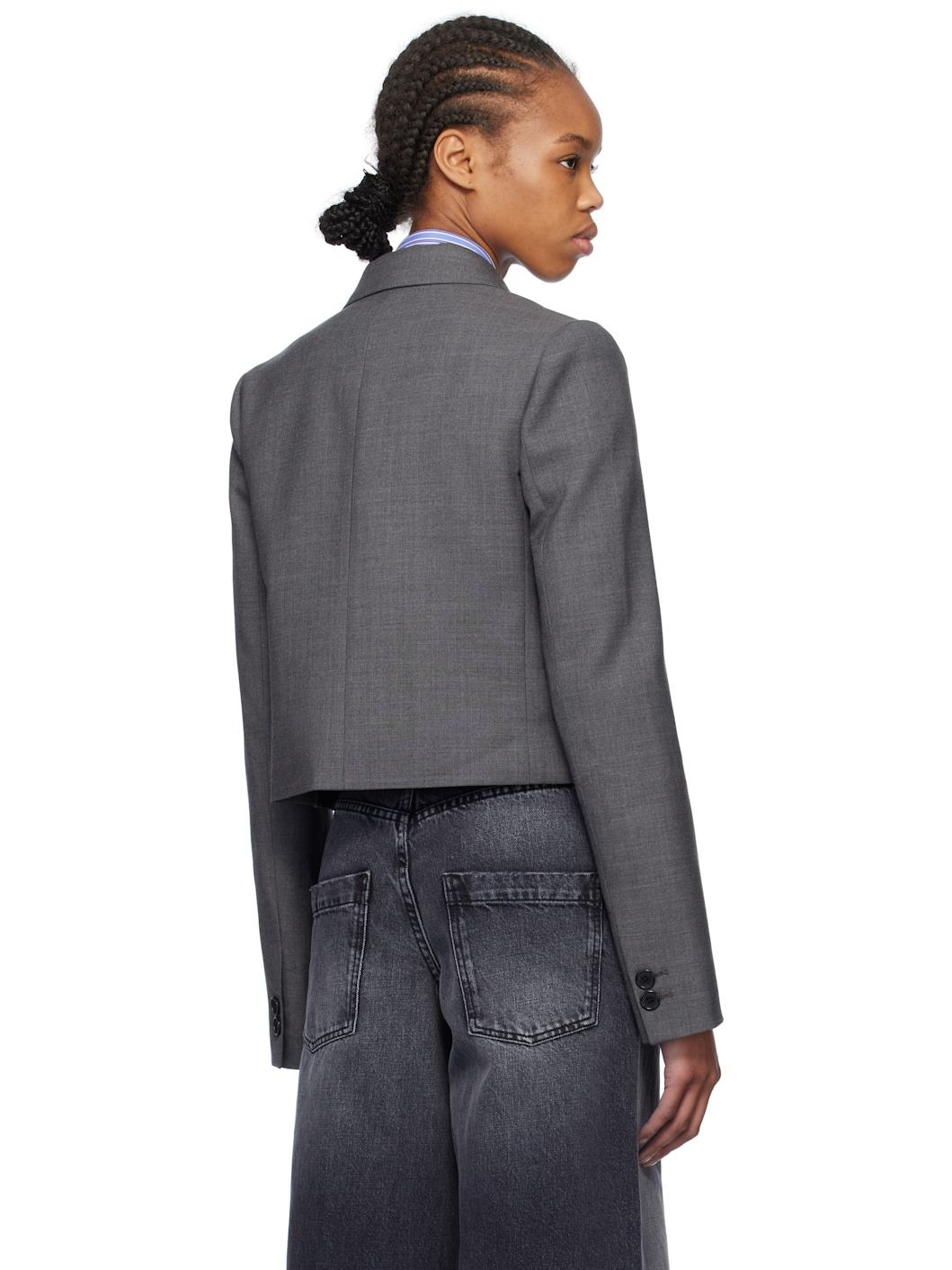 Gray Single-Breasted Crop Blazer - 3