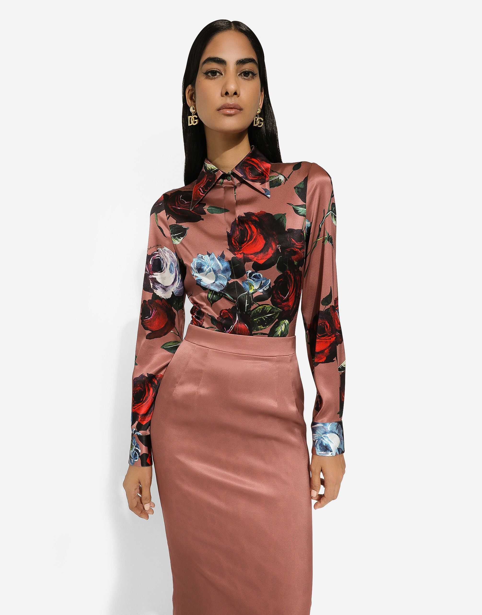 Satin shirt with vintage rose print - 4