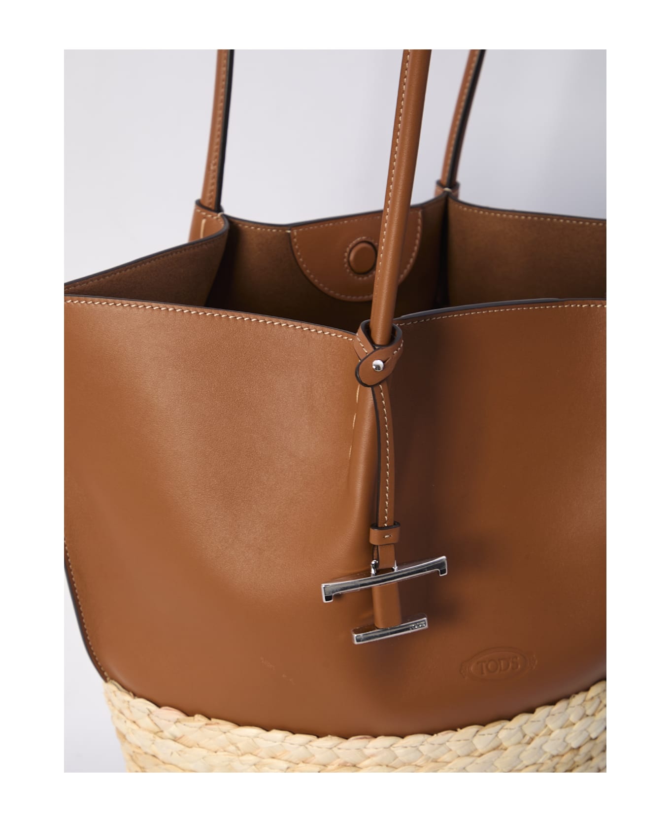 Medium Shopping Bag In Brown Leather And Raffia - 4