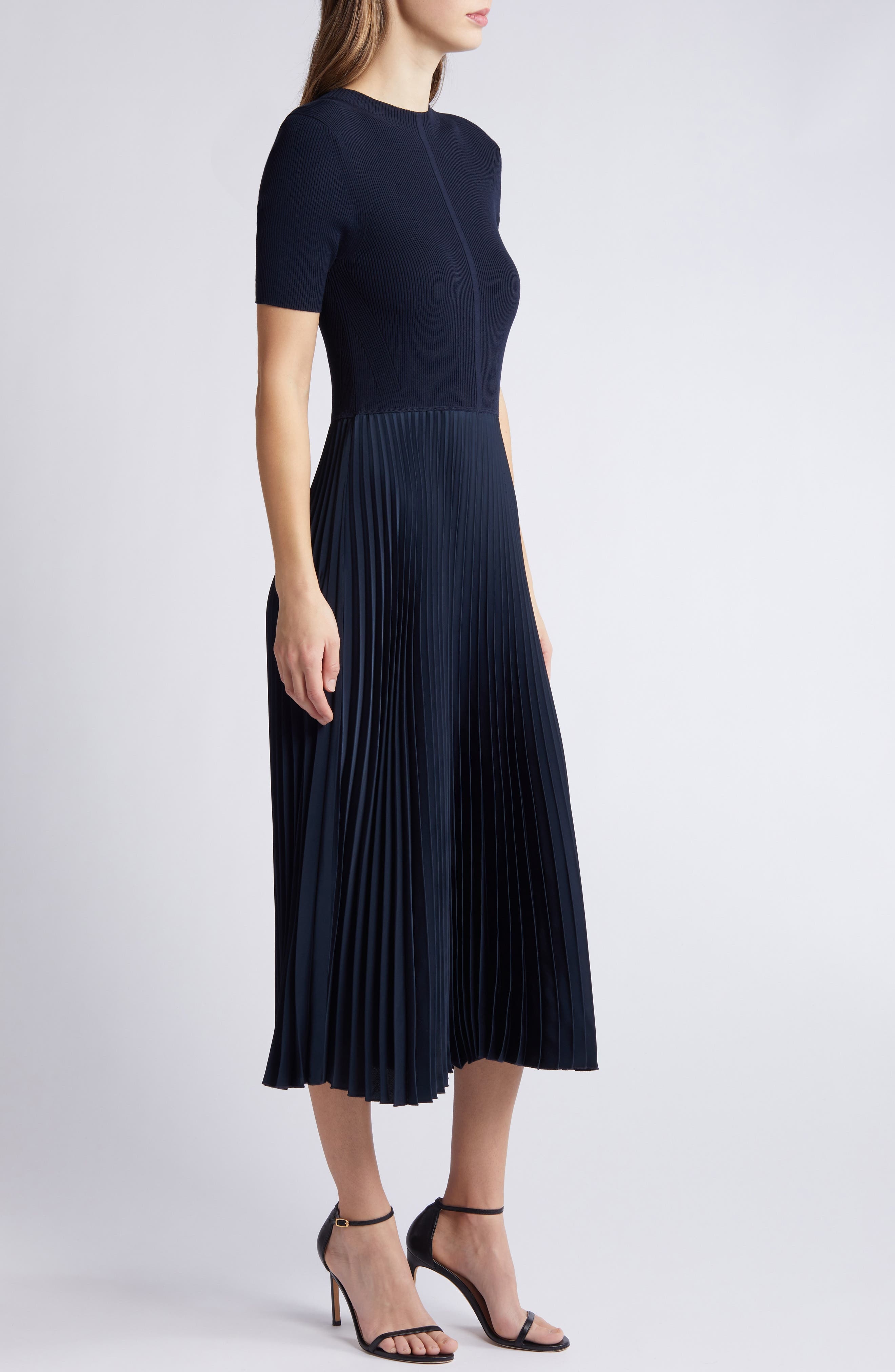 BOSS Fadrid Rib & Pleated Midi A-Line Dress in Sky Captain at Nordstrom - 3