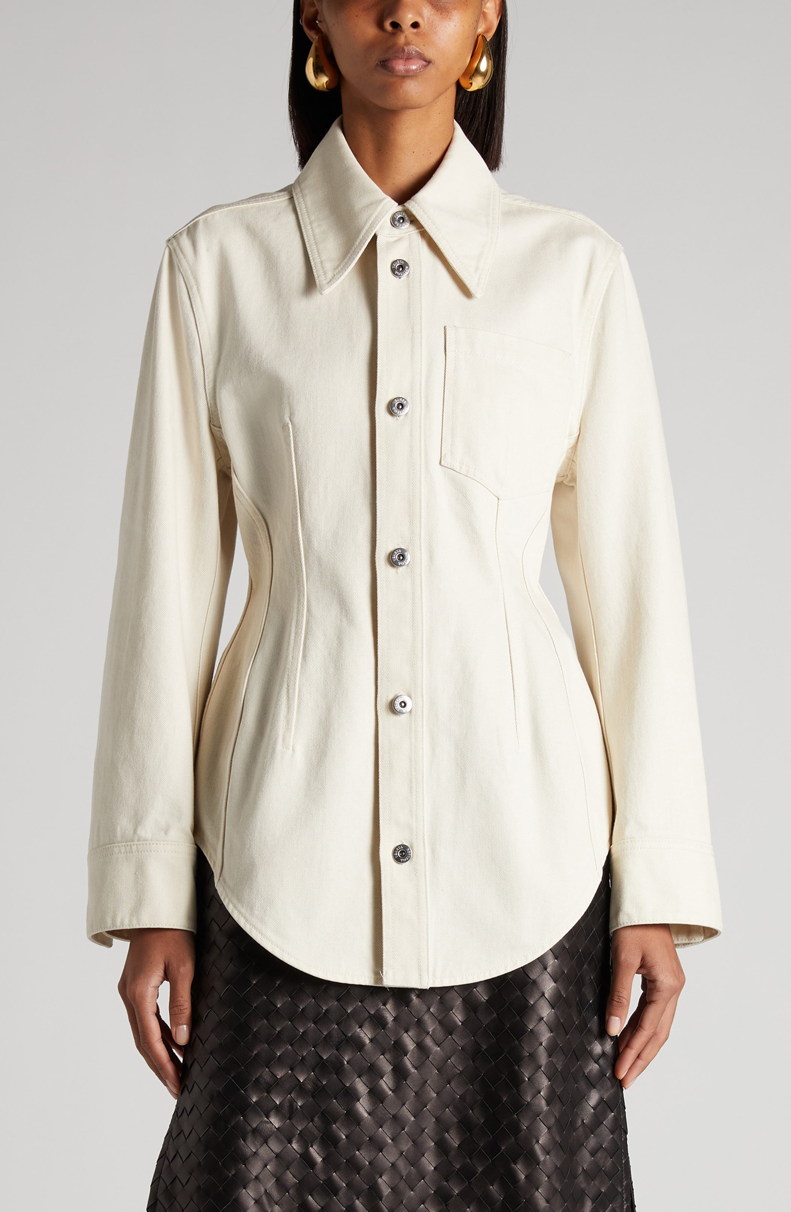 Bottega Veneta Cotton Denim Button-Up Shirt in Pale Meringue at Nordstrom - 1