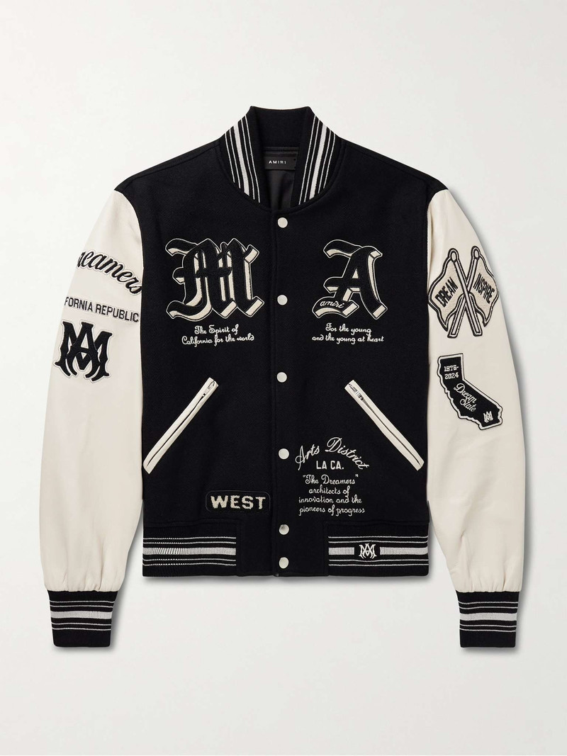 Dream Team Logo-Appliquéd Leather and Melton Wool-Blend Varsity Jacket 1