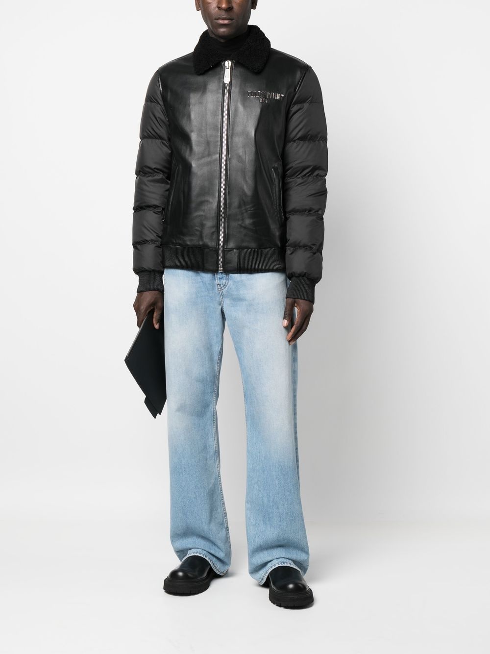 logo-print padded leather jacket - 2