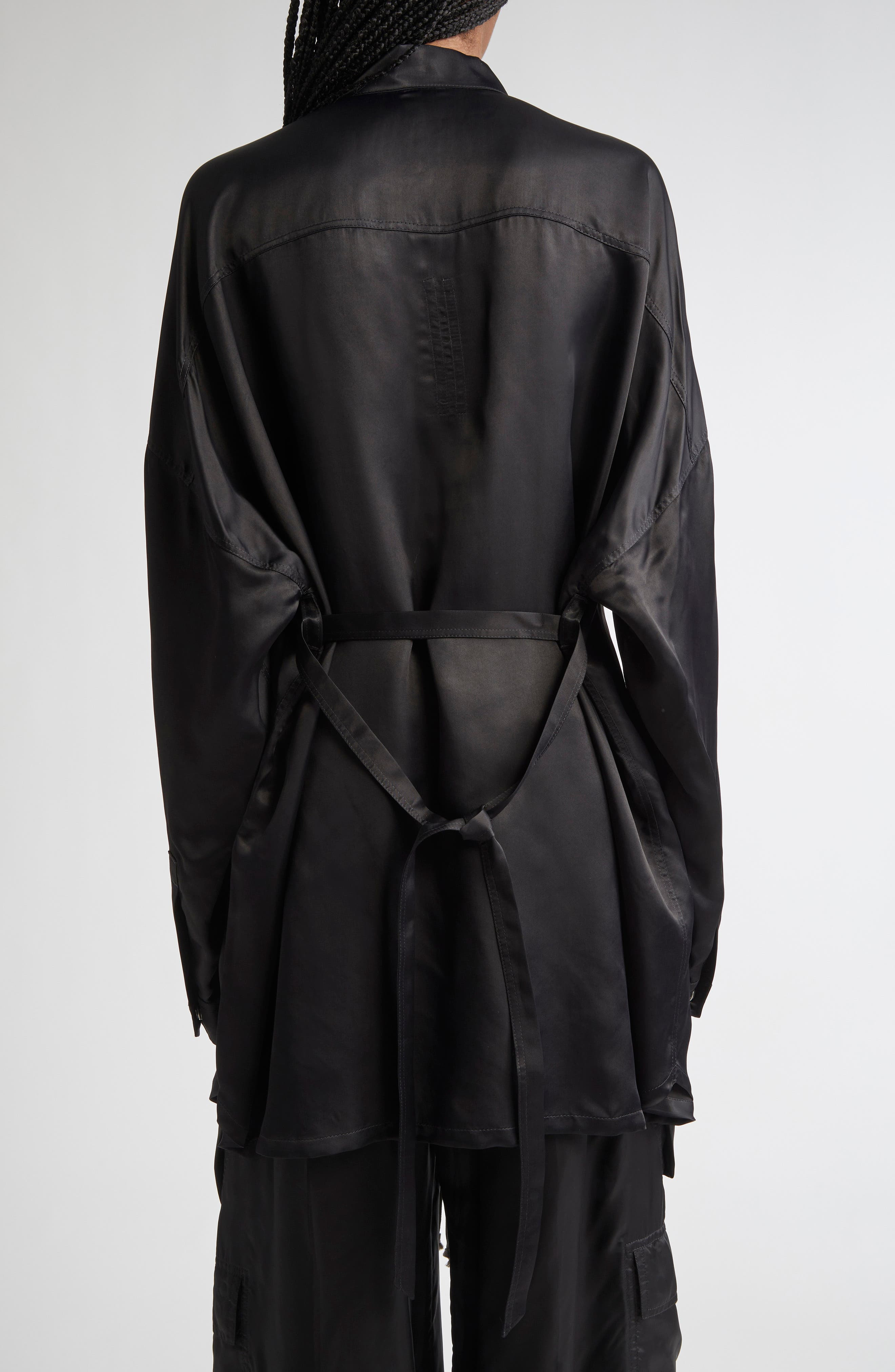 Rick Owens Long Sleeve Belted Satin Minidress in Black at Nordstrom - 4