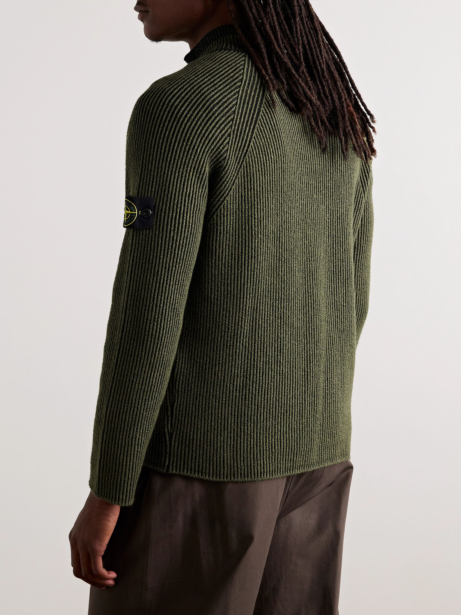 Logo-Appliquéd Ribbed Wool-Blend Half-Zip Sweater Green - 3
