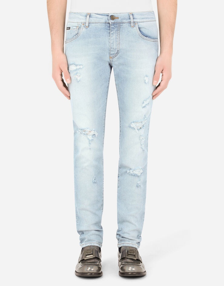 Light blue skinny stretch jeans with rips - 1