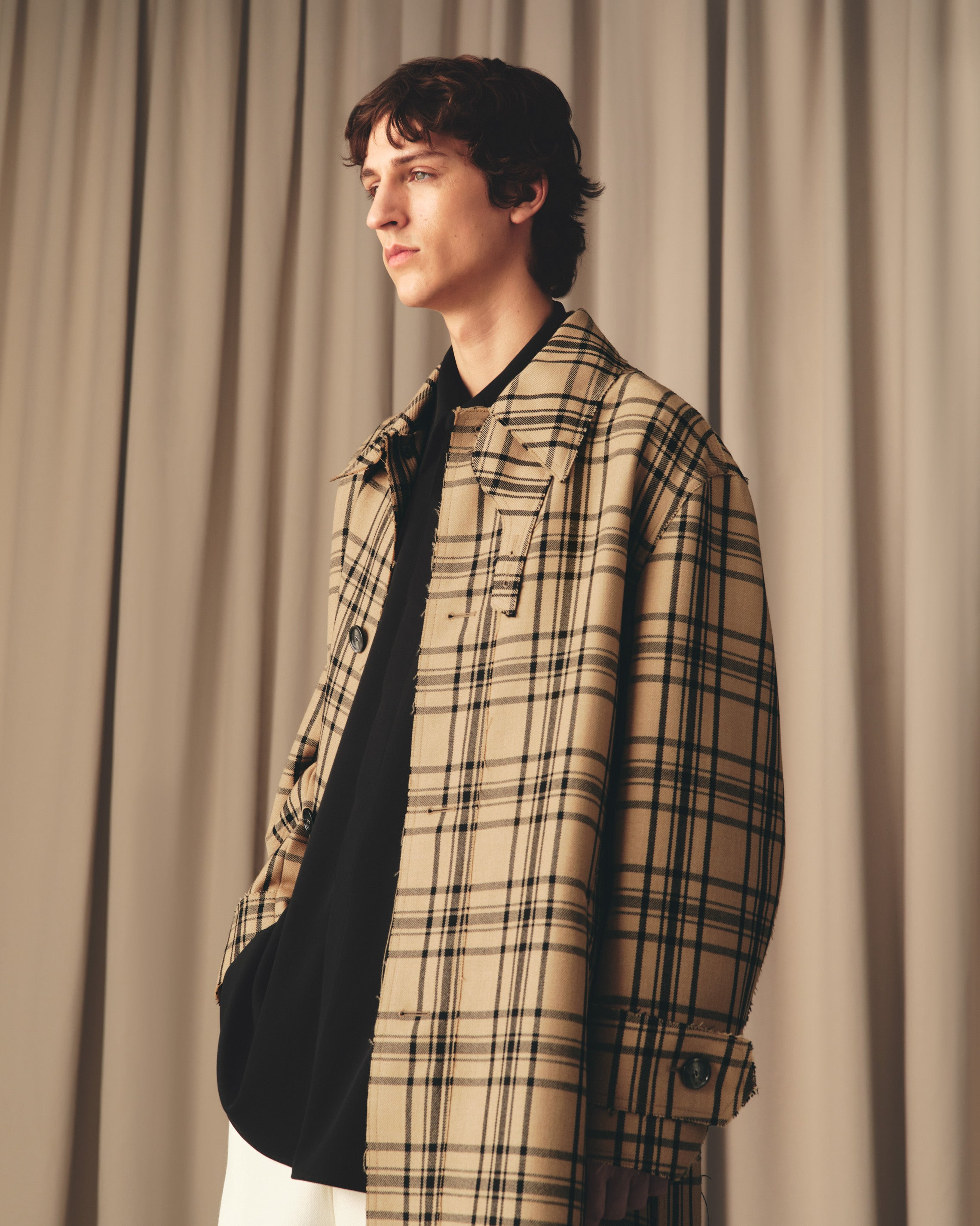 BROWN WOOL CHECKED BELTED MAC - 9