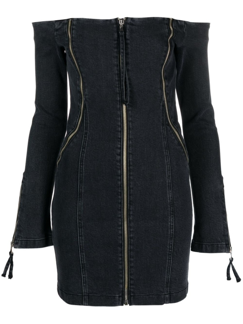 off-shoulder zip-up denim dress 1