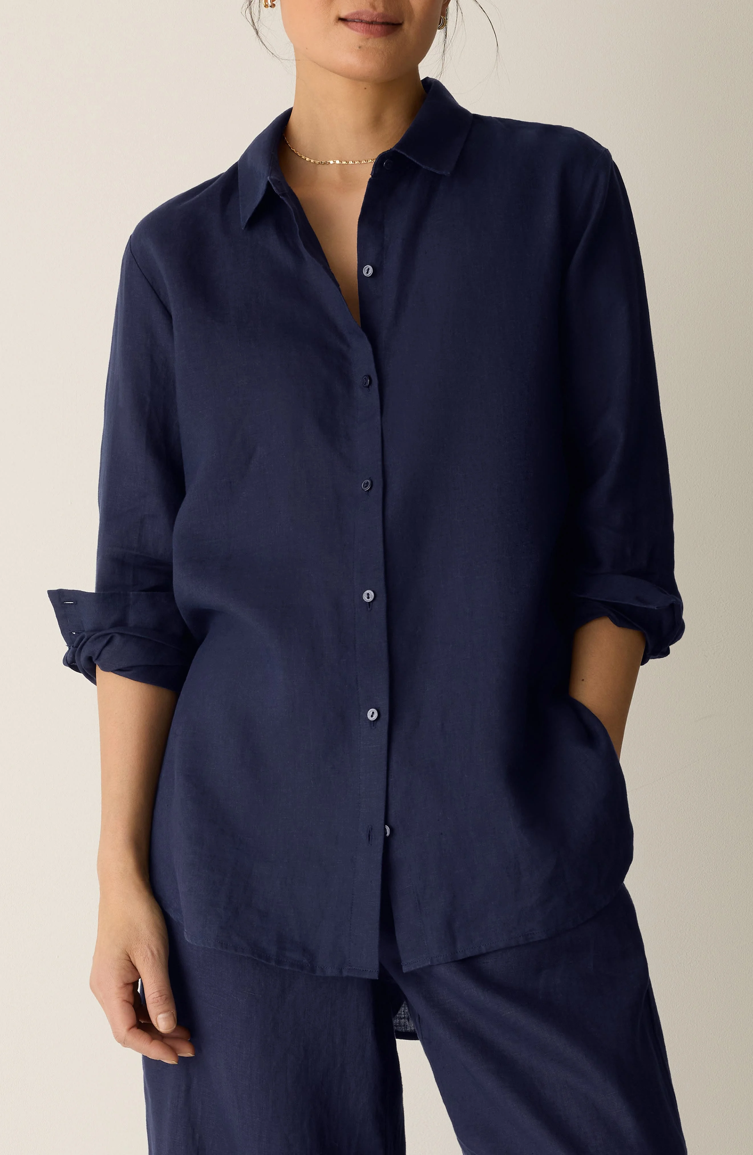 Eileen Fisher Classic Collar Organic Linen Long Button-Up Shirt in Ink at Nordstrom - 1