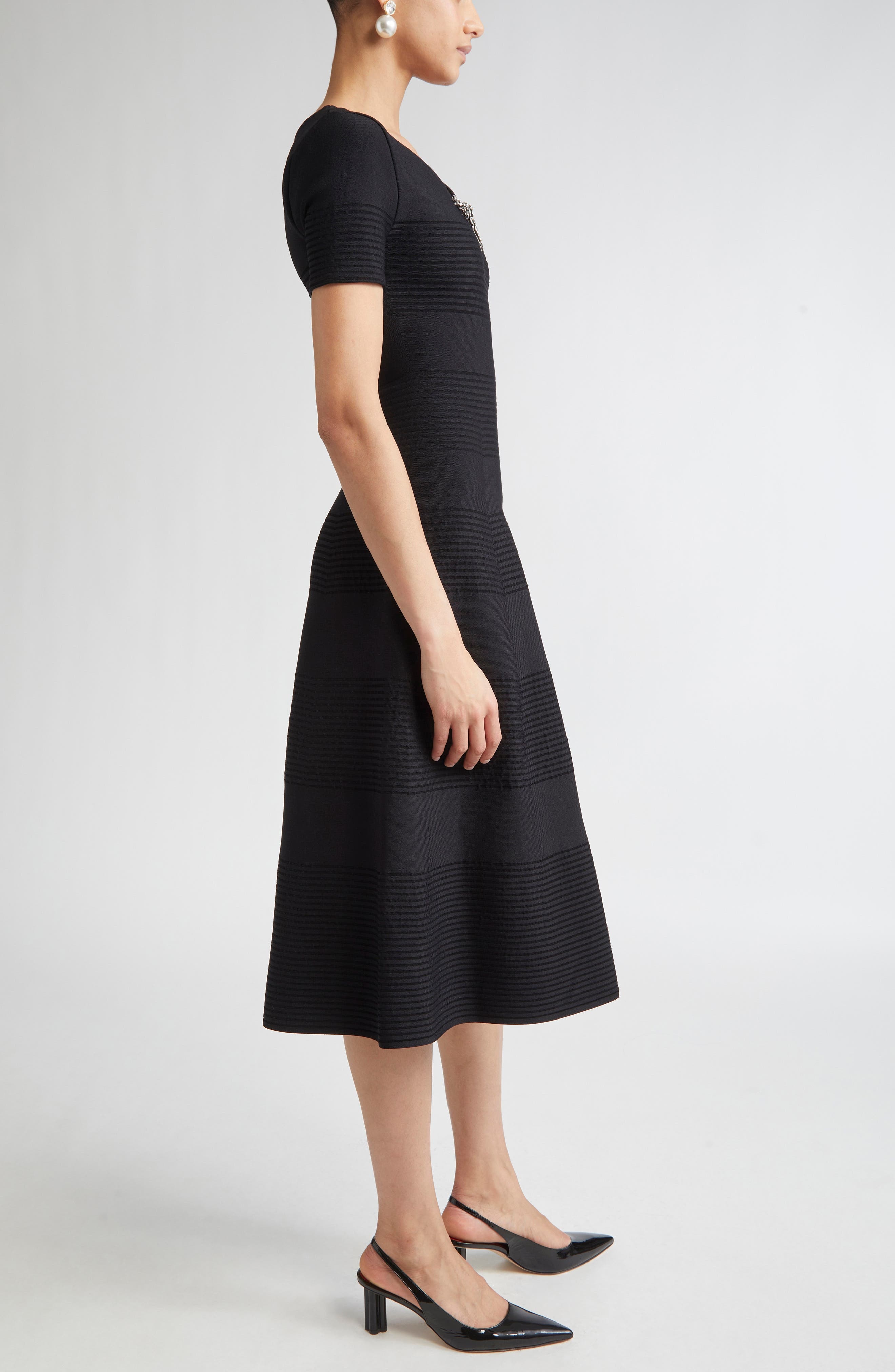 Carolina Herrera Crystal Bow Knit Fit & Flare Dress in Black at Nordstrom - 3