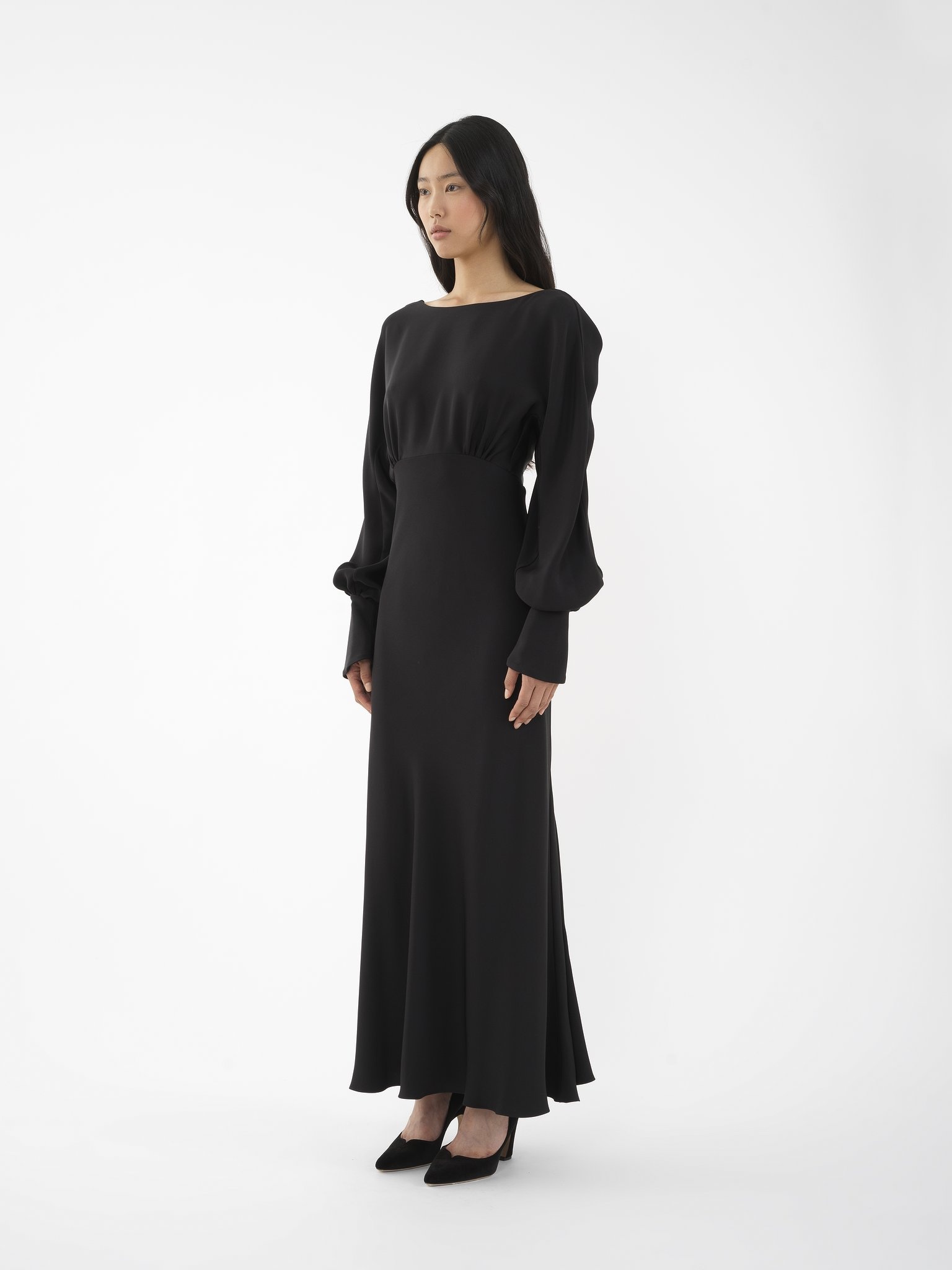 BOAT-NECK LONG FLARED DRESS - 4