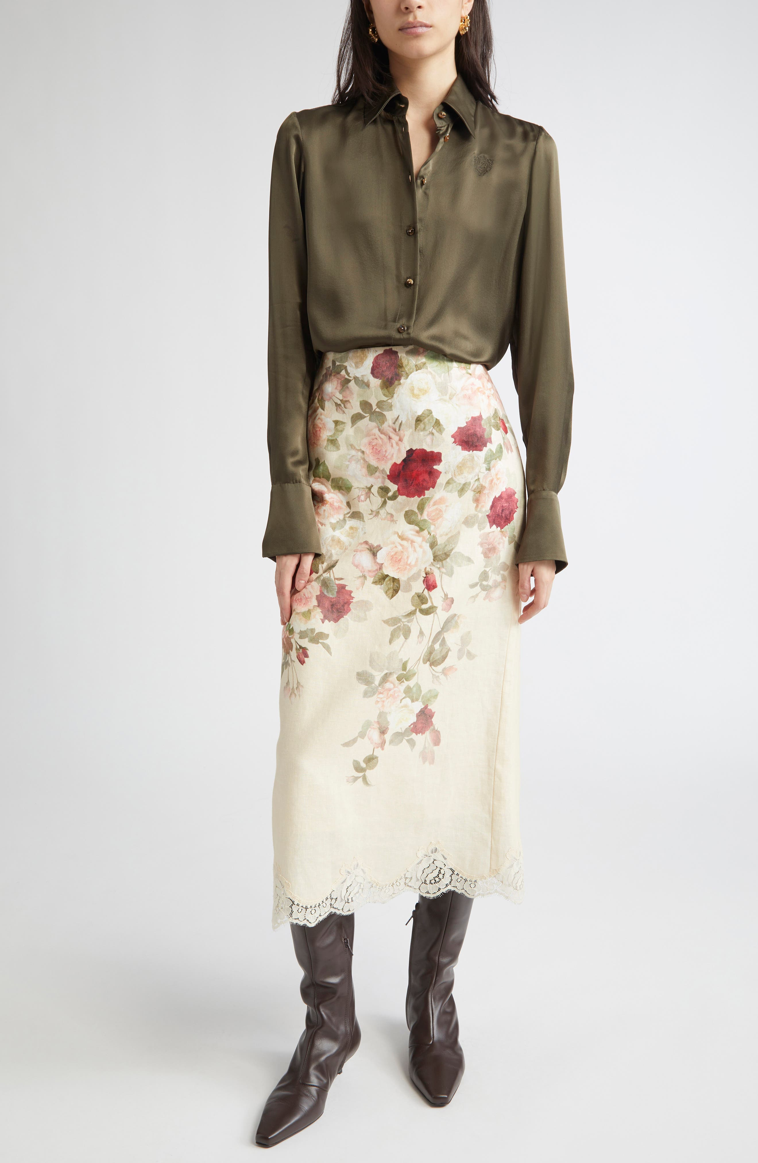 Zimmermann Hypnotic Floral Lace Trim Linen Pencil Skirt in Cream Cascade at Nordstrom - 2