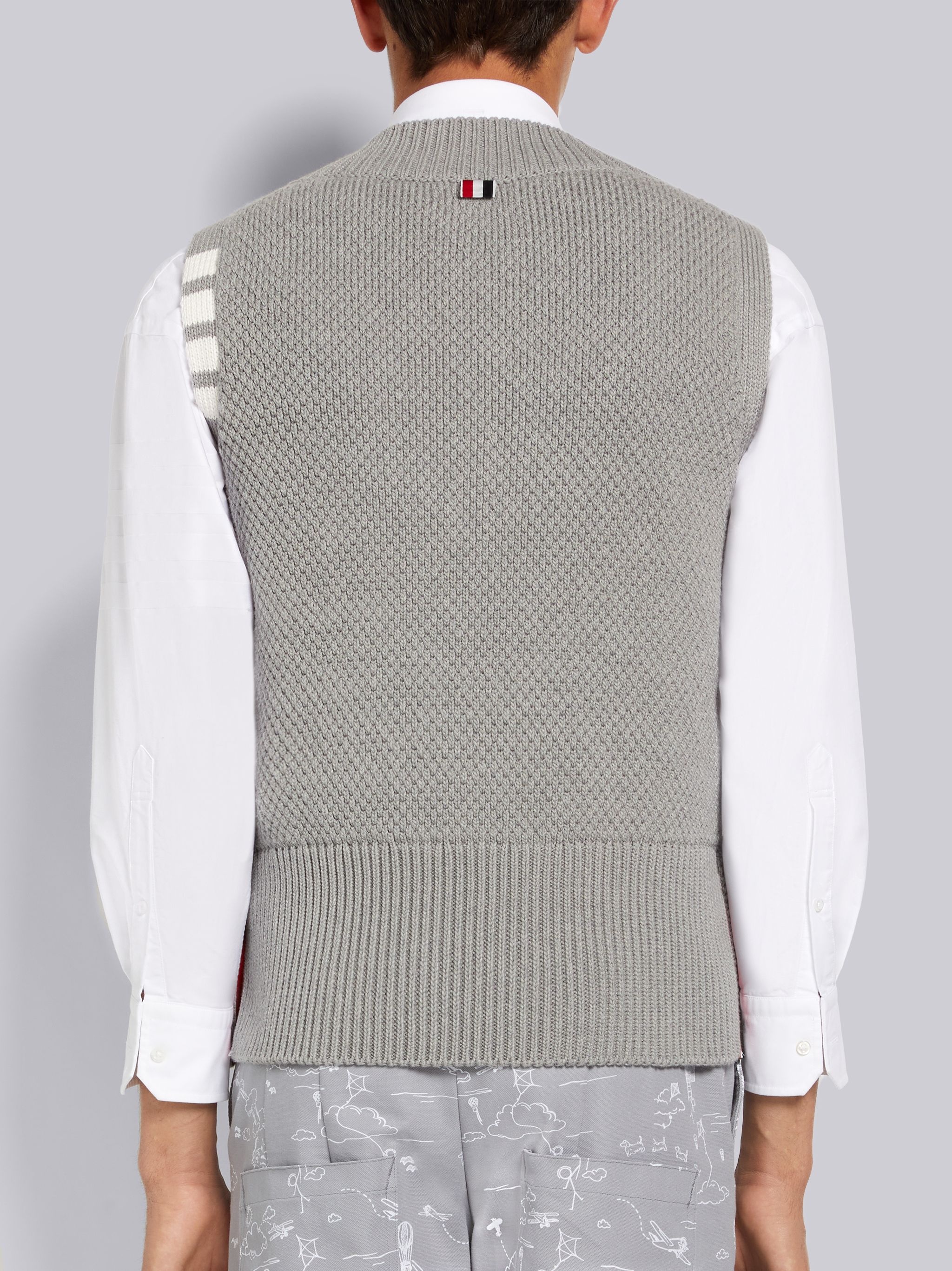 Light Grey Seed Stitch Cotton 4-Bar V-Neck Vest - 3