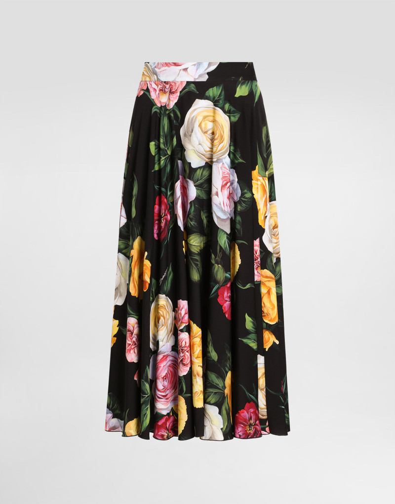 Peony and rose-print charmeuse calf-length circle skirt 1