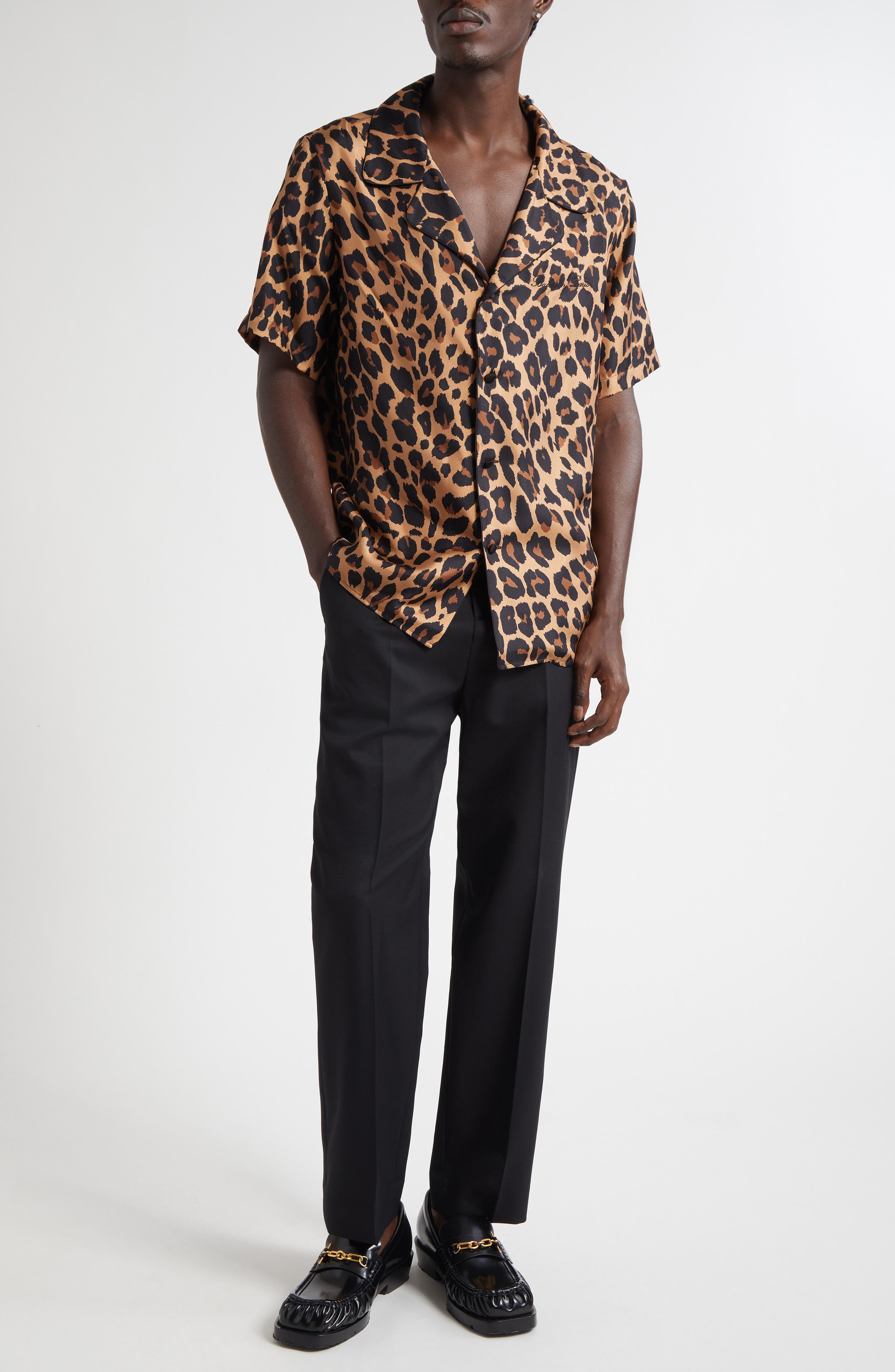 Balmain Leopard Print Silk Button-Up Pyjama Shirt in Gba Beige/Black at Nordstrom - 7