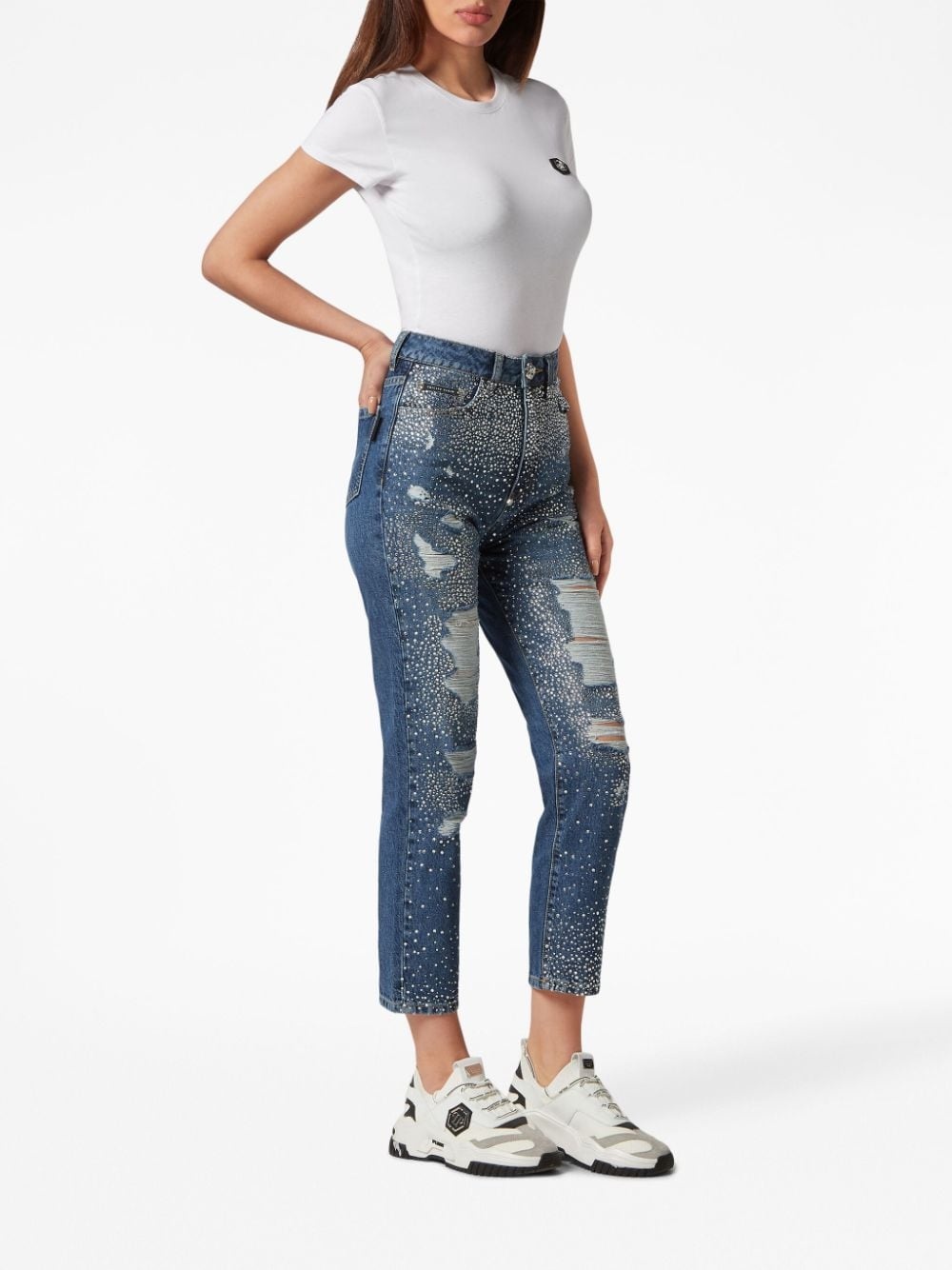 crystal-embellished distressed-denim trousers - 2