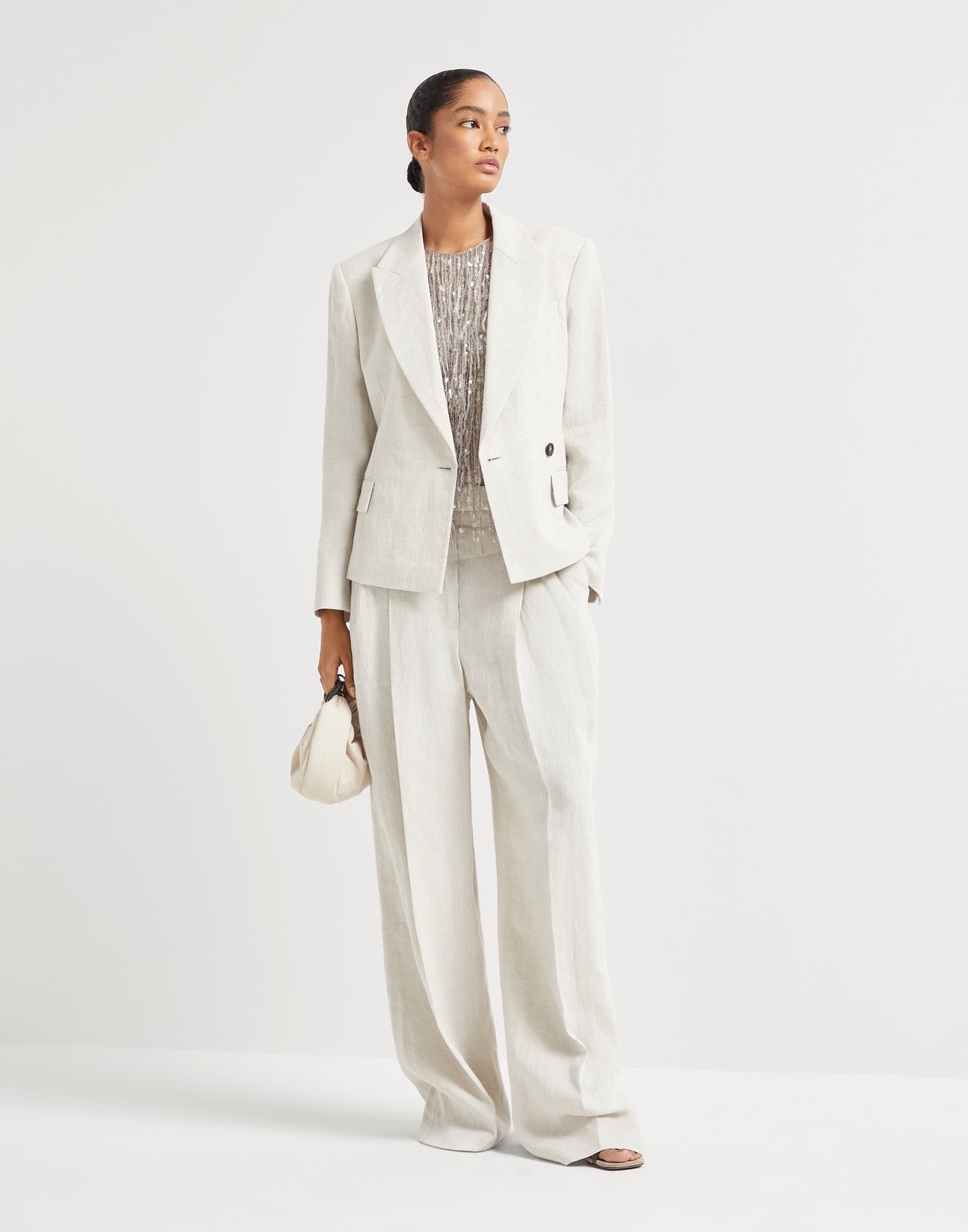 Linen sparkling canvas wide trousers with monili - 4