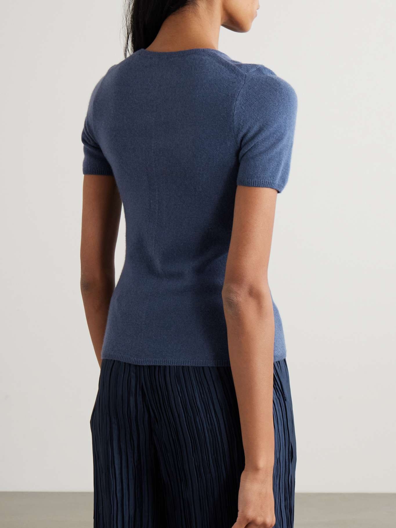 Pointelle-trimmed cashmere T-shirt Blue - 4