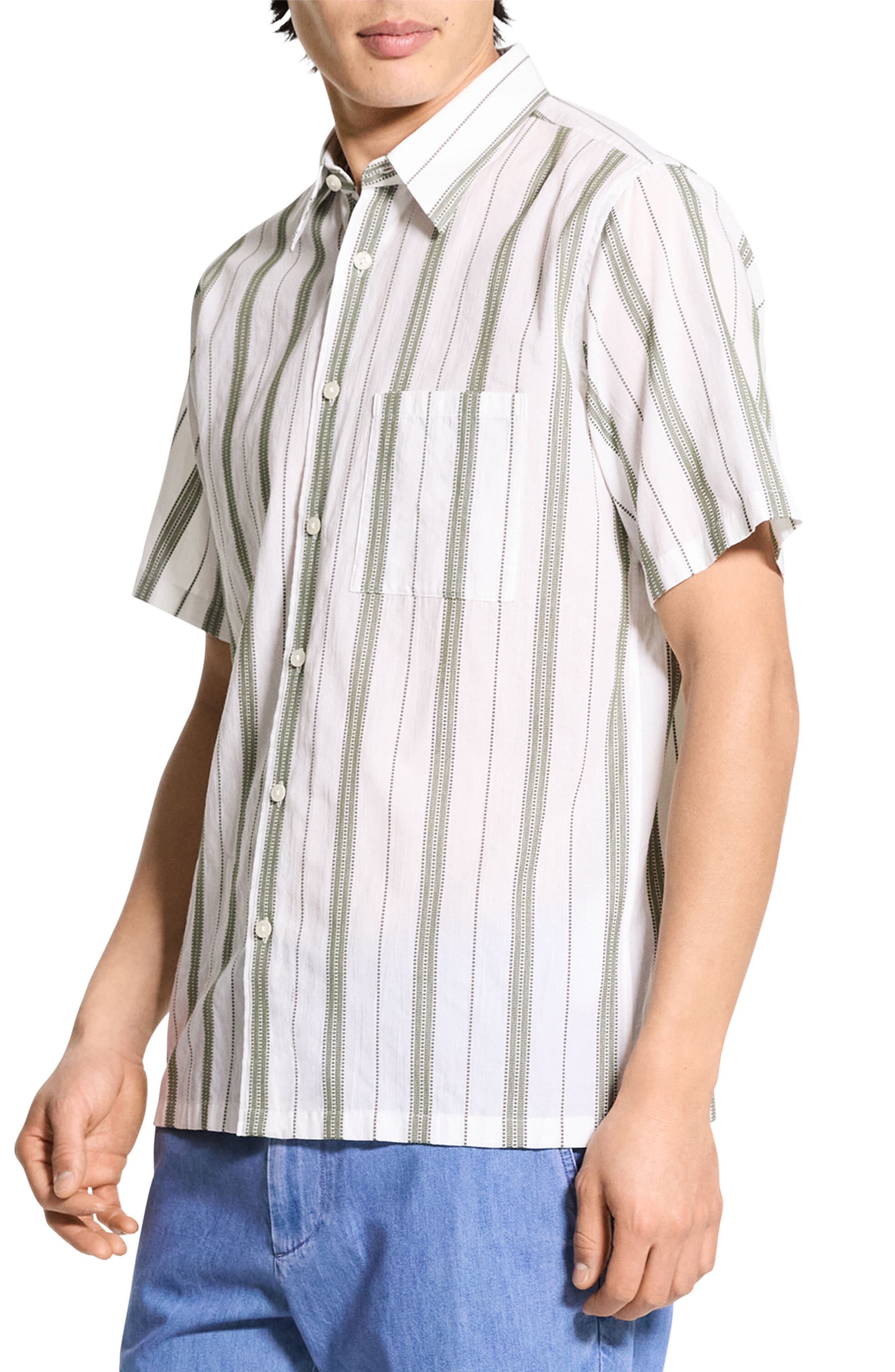 Theory Noll Summer Dobby Short Sleeve Button-Up Shirt in Ivory/Orchard at Nordstrom - 5