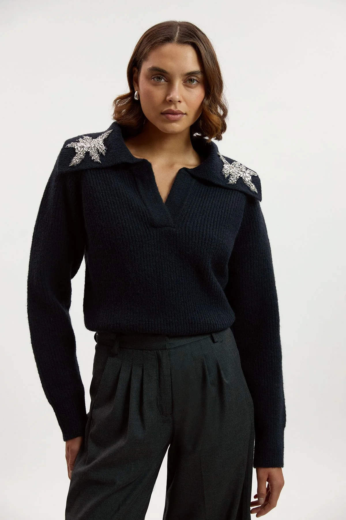 Embellished Cosy V Neck Collar Knit Jumper - 1