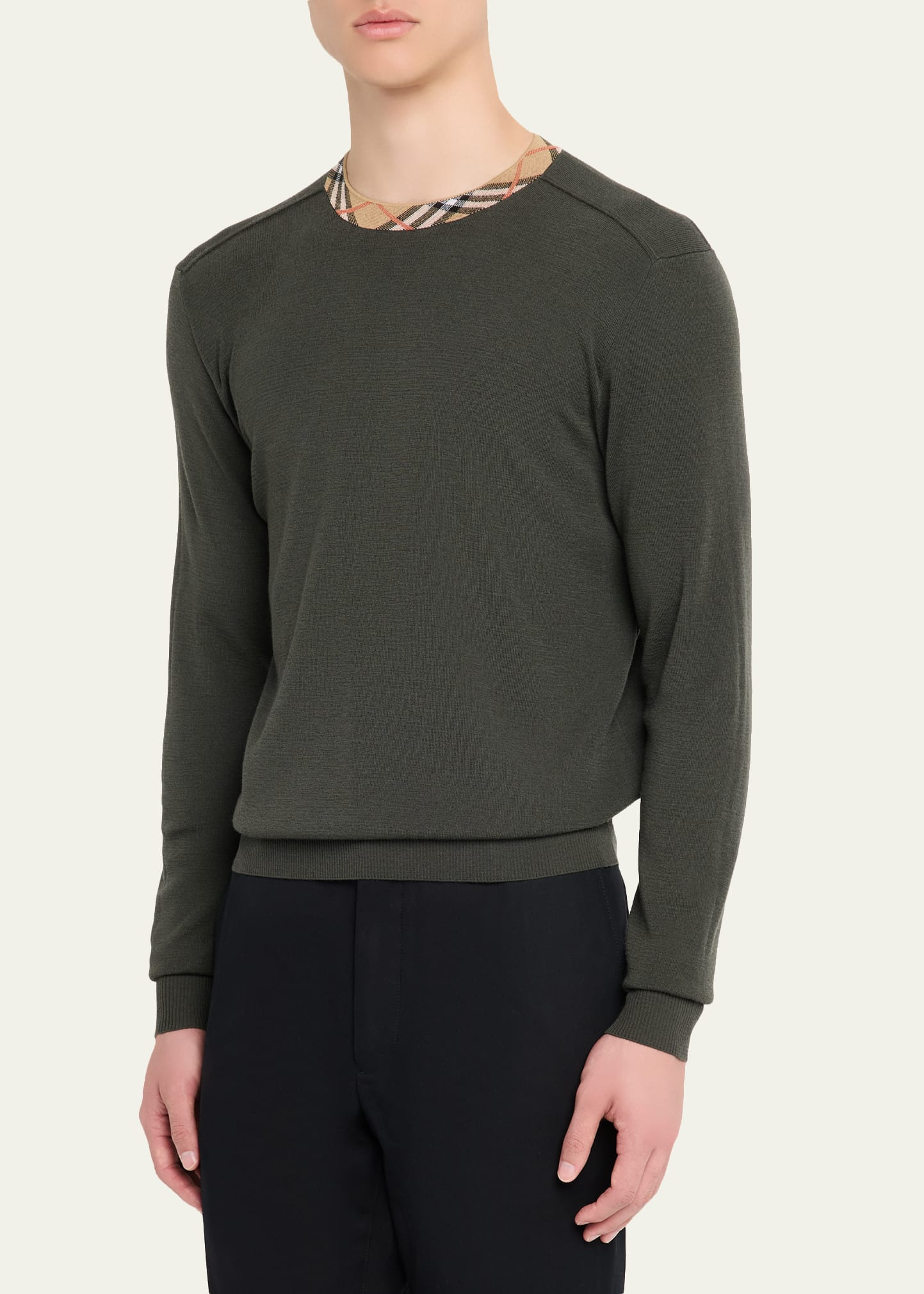 Men's Wool Knit Check-Trim Crewneck Sweater - 4