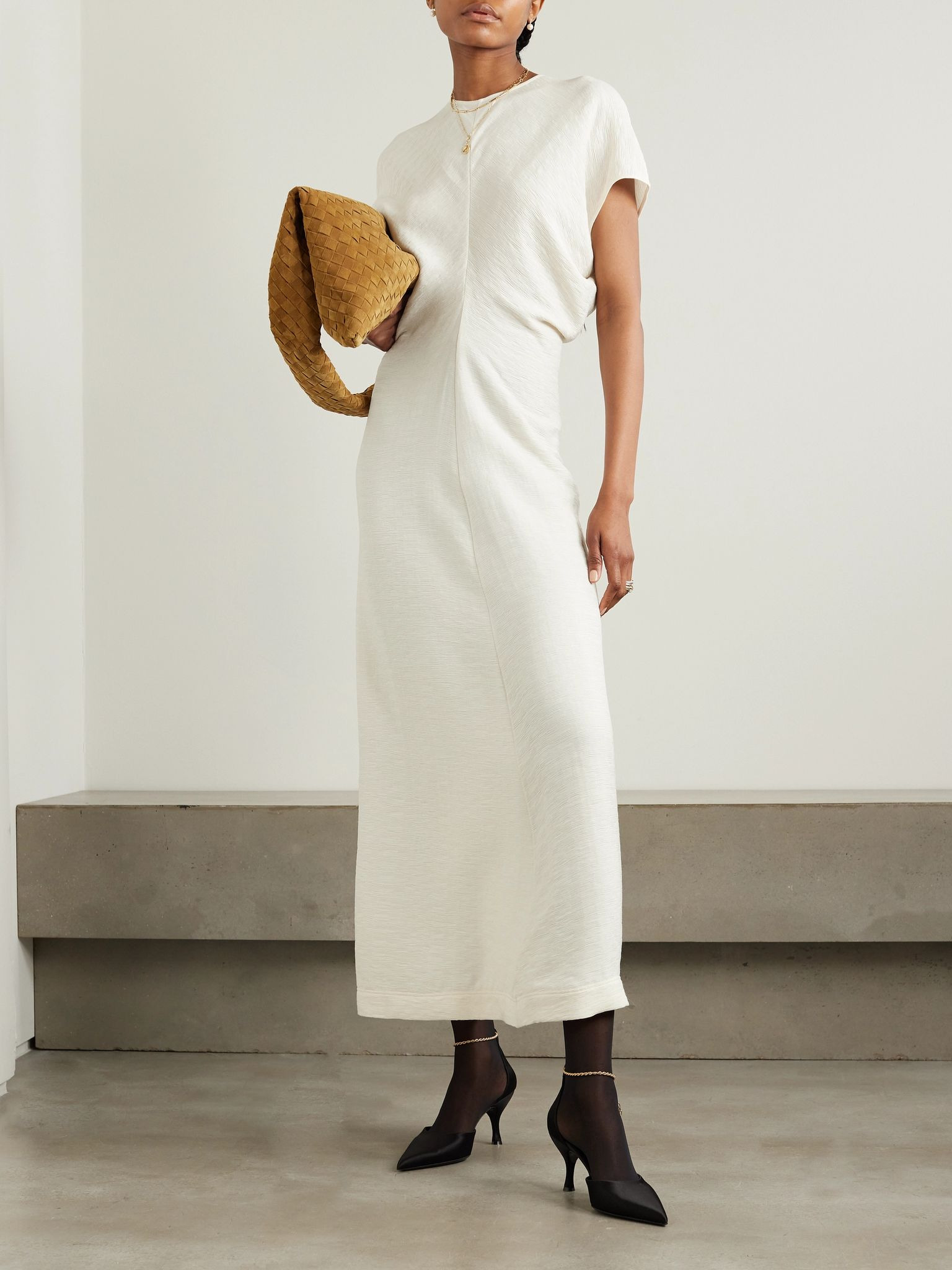 Gathered woven maxi dress Cream - 2