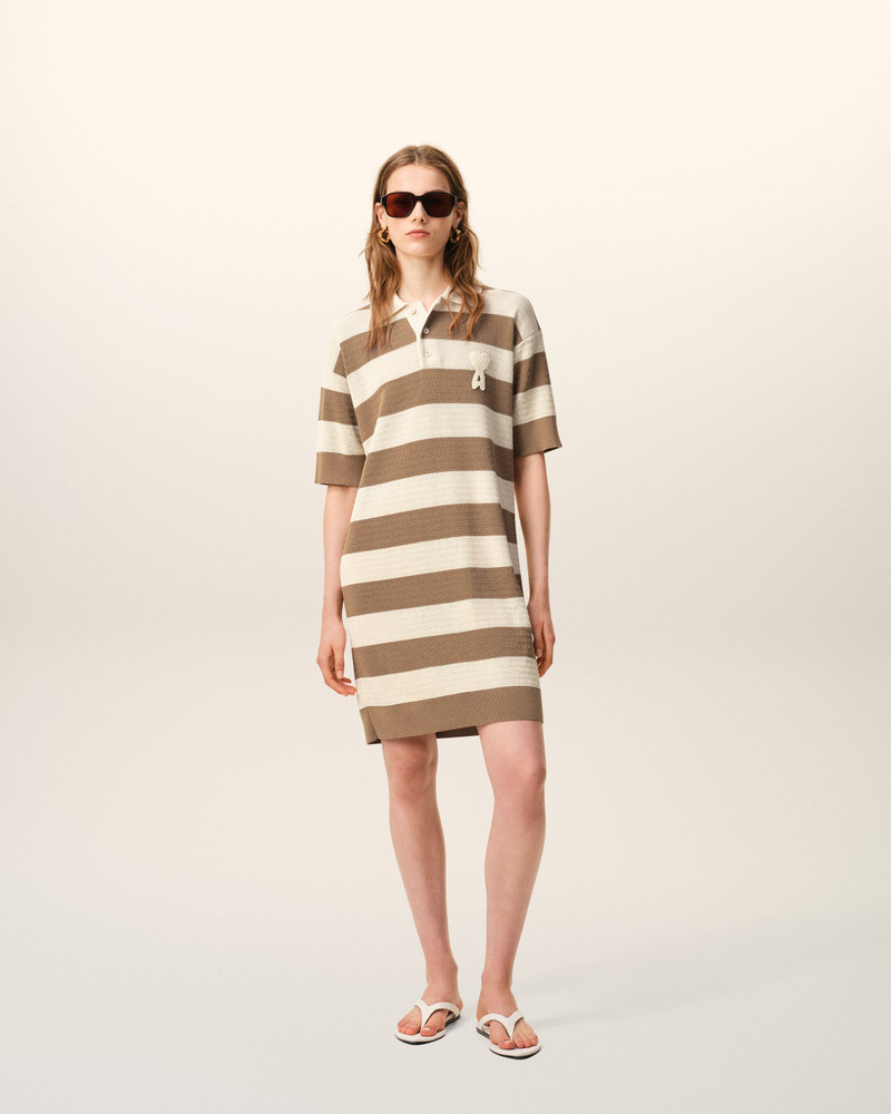 AMI Paris WHITE AND BROWN COTTON POLO DRESS AMI DE COEUR PATCH outlook