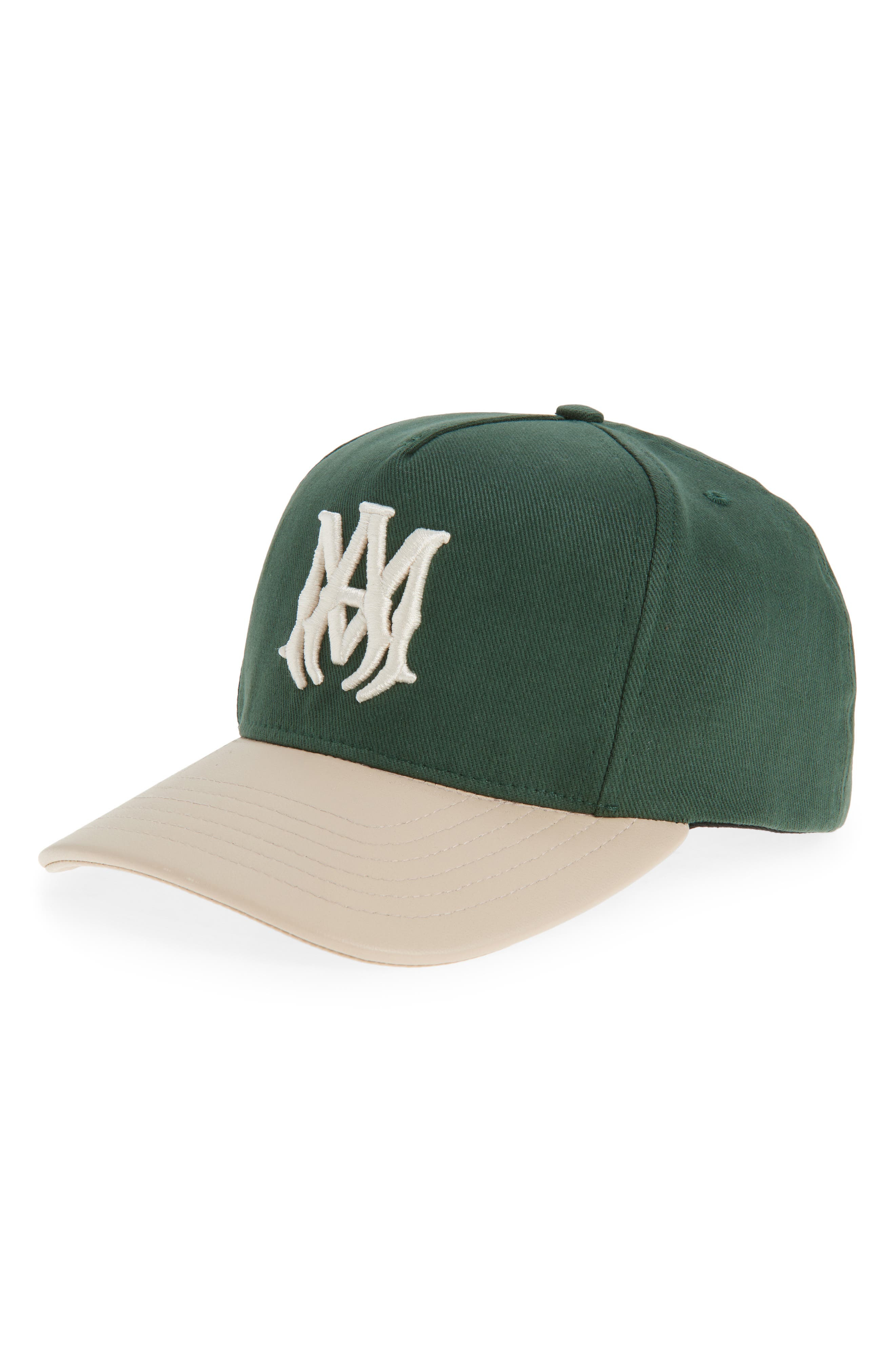 AMIRI MA Two-Tone Cotton & Leather Snapback Baseball Cap in Dark Palm at Nordstrom - 1