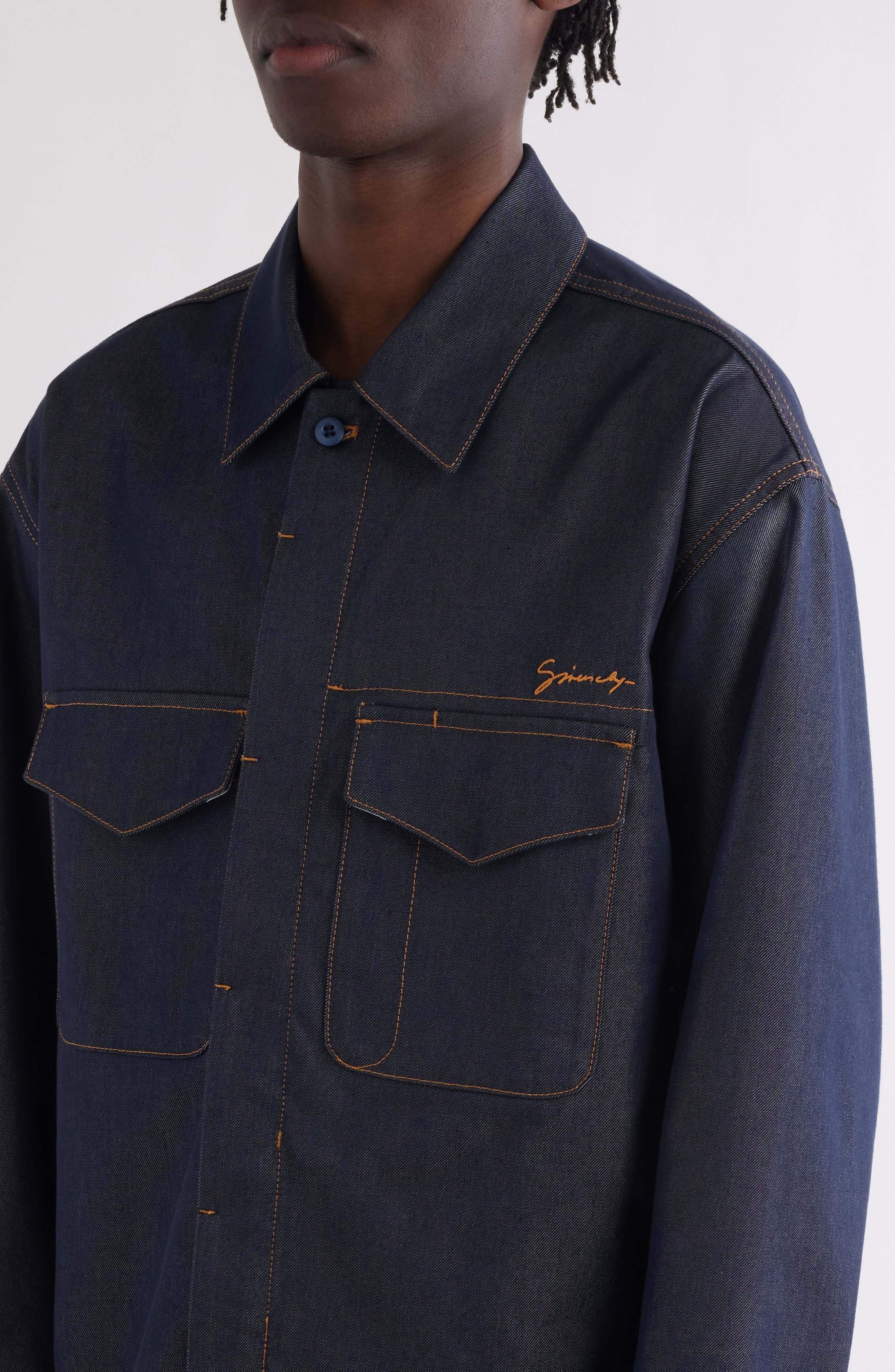 Givenchy Military Silk Blend Denim Overshirt in Indigo Blue at Nordstrom - 5