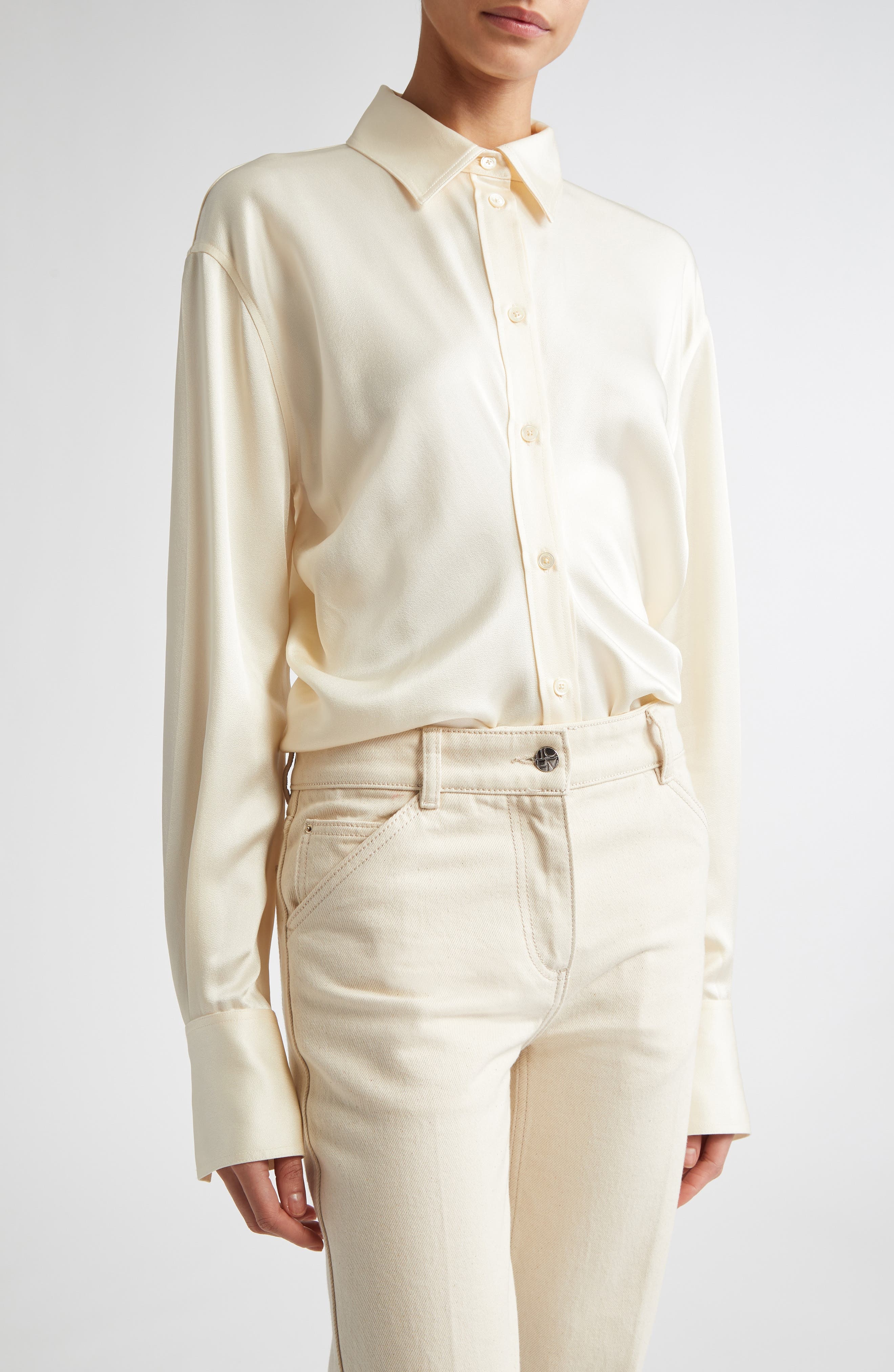 TOTEME Slouch Waist Satin Button-Up Shirt in Macadamia at Nordstrom - 2