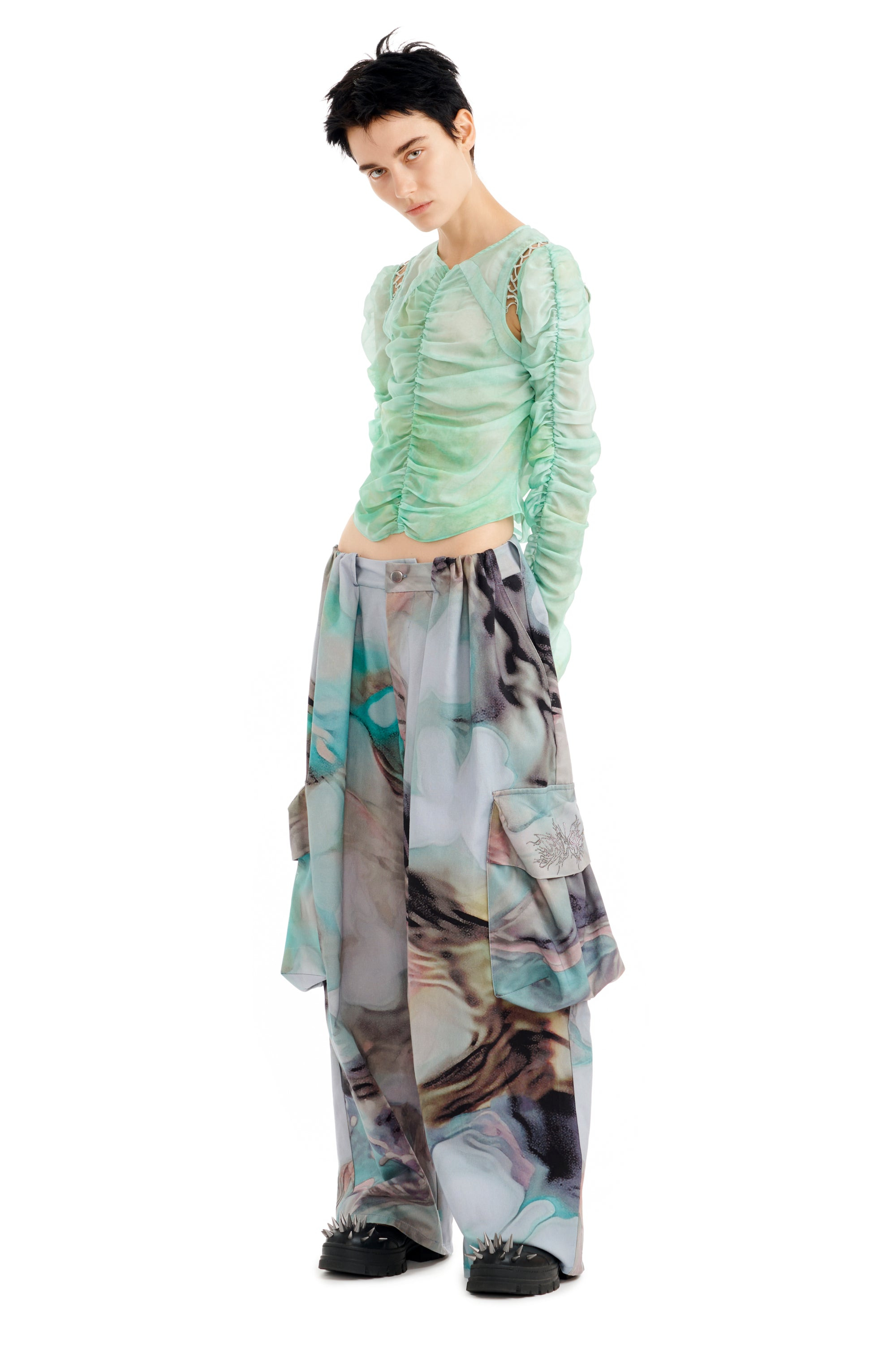 RHINESTONE OIL MOLD PLEATED CARGO PANT - 2