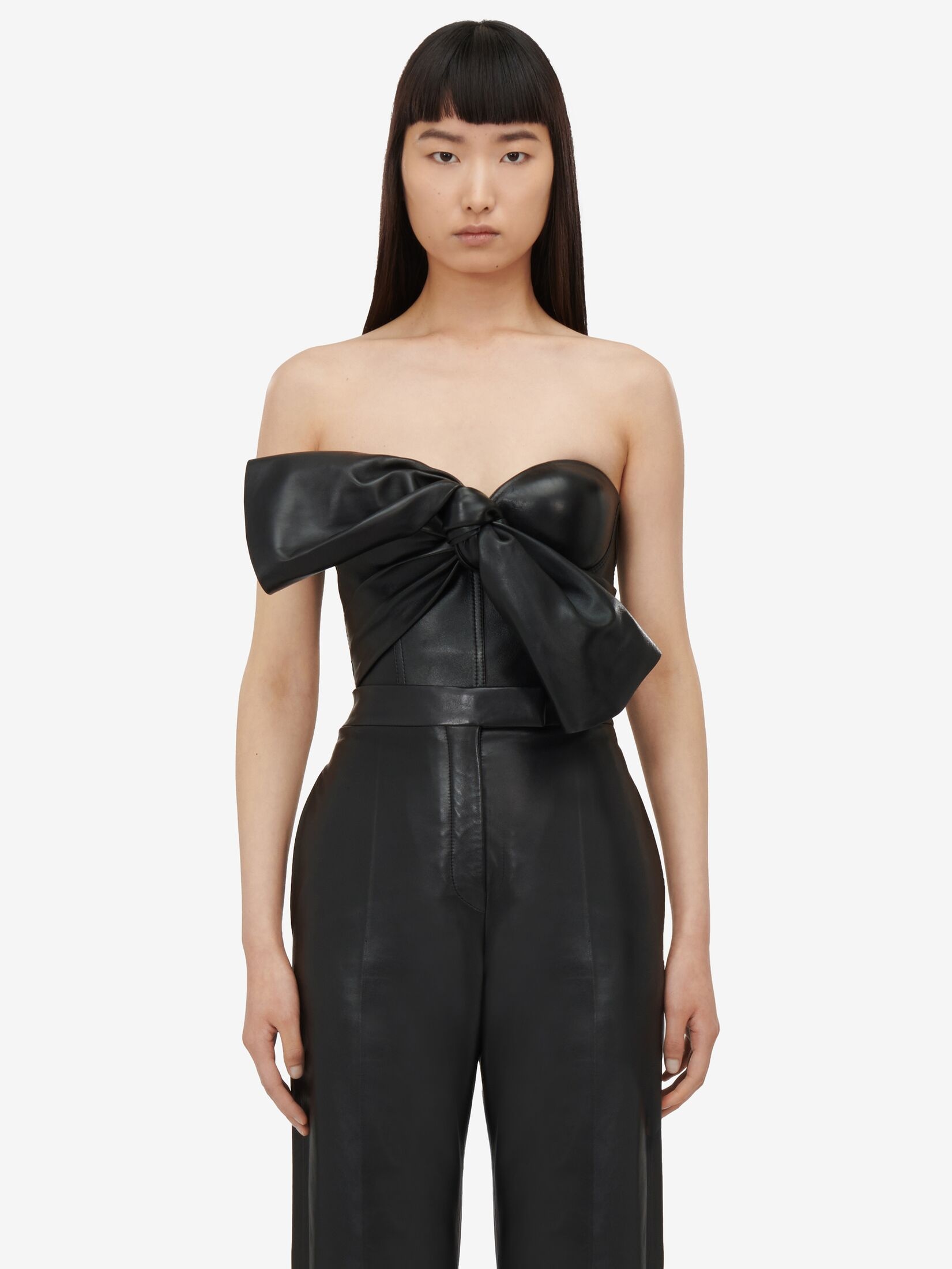 Women's Knotted Bow Leather Corset in Black - 5