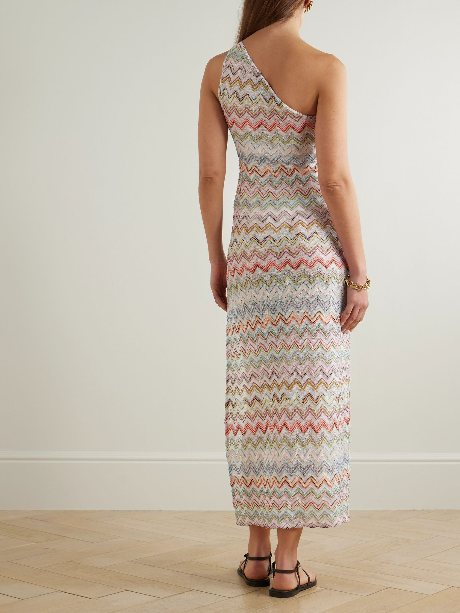One-shoulder striped metallic crochet-knit coverup Multi - 3
