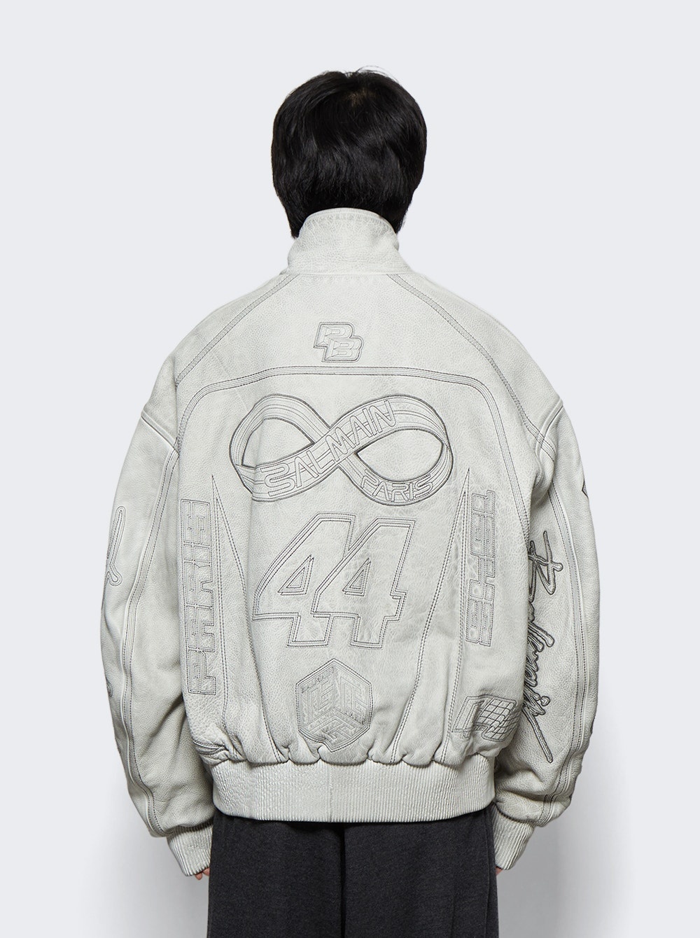 Moto Calfskin Leather Bomber Jacket White - 5