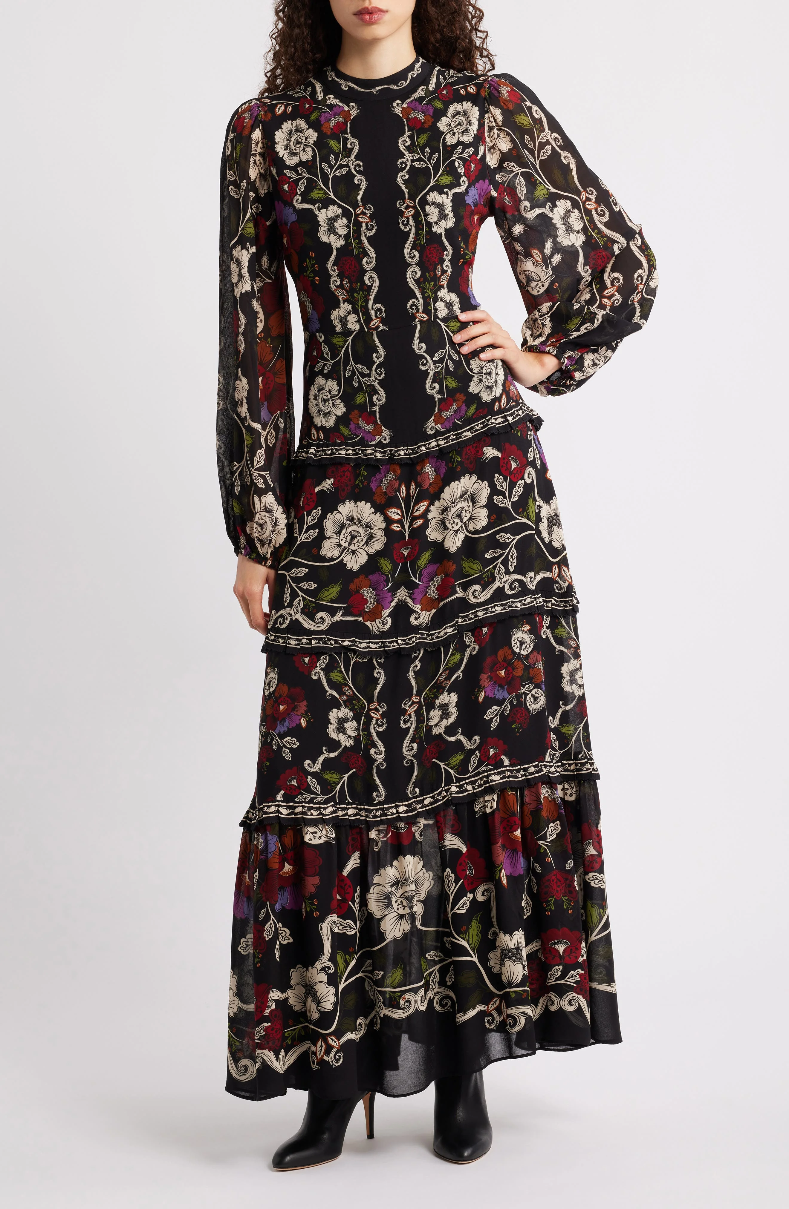 FARM Rio Rococo Floral Long Sleeve Tiered Maxi Dress in Black at Nordstrom - 1