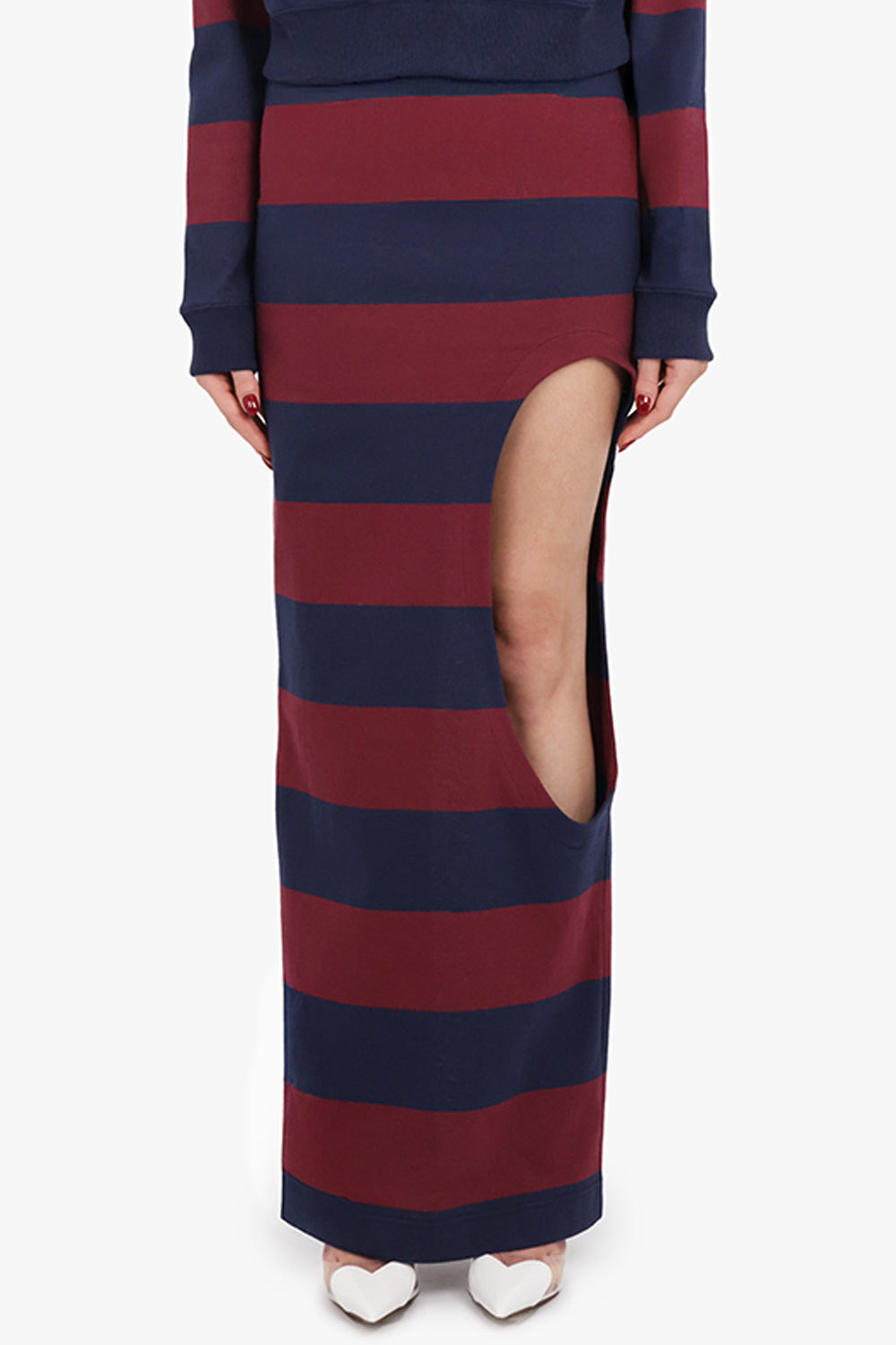 CUT OUT STRIPE PENCIL MAXI SKIRT | BURGUNDY/NAVY - 3