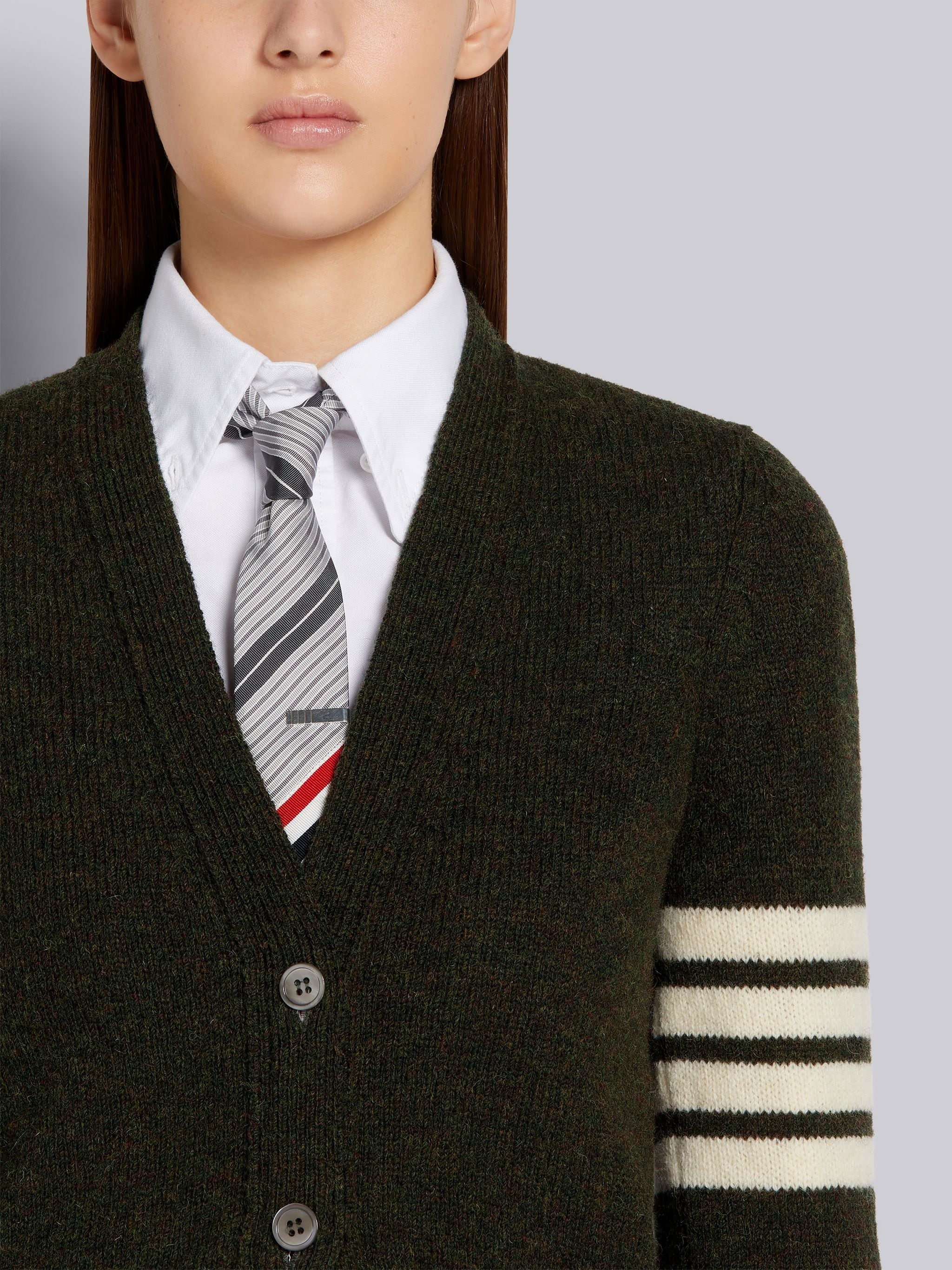 Dark Green Shetland Wool Jersey Stitch 4-Bar Classic V-Neck Cardigan - 5