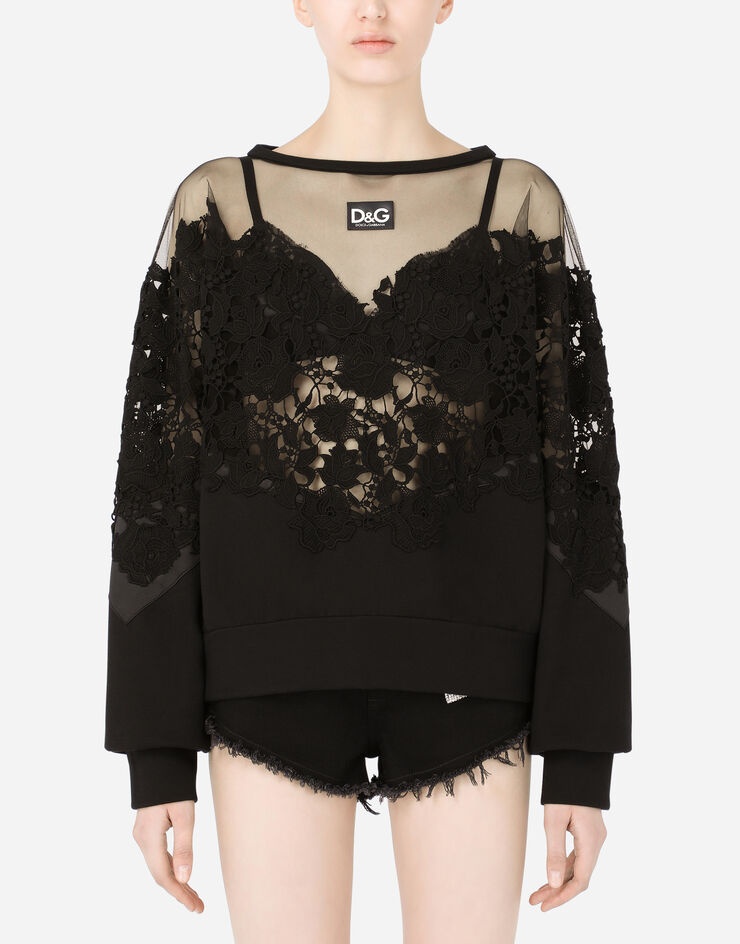 Jersey sweatshirt with tulle and macramé details - 1