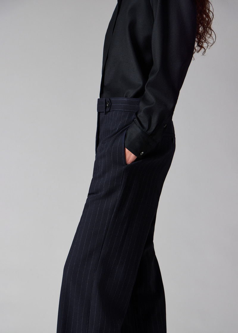 Women's Navy Pinstripe Wool Wide-Leg Trousers 5