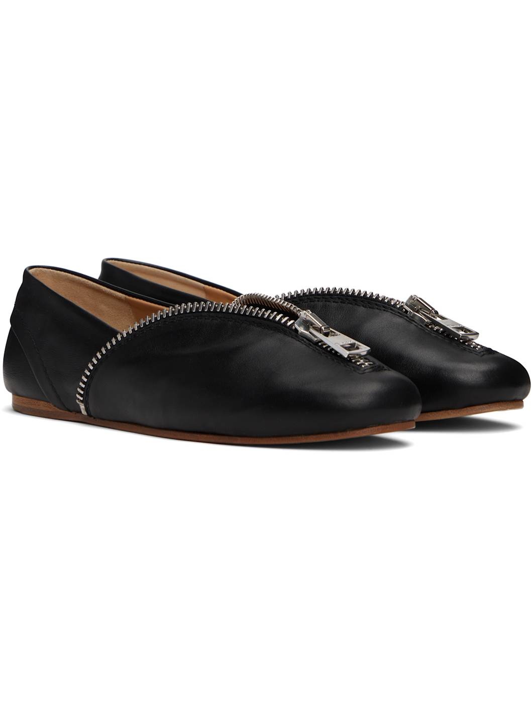 Black Biker Zip Leather Ballerina Flats - 4