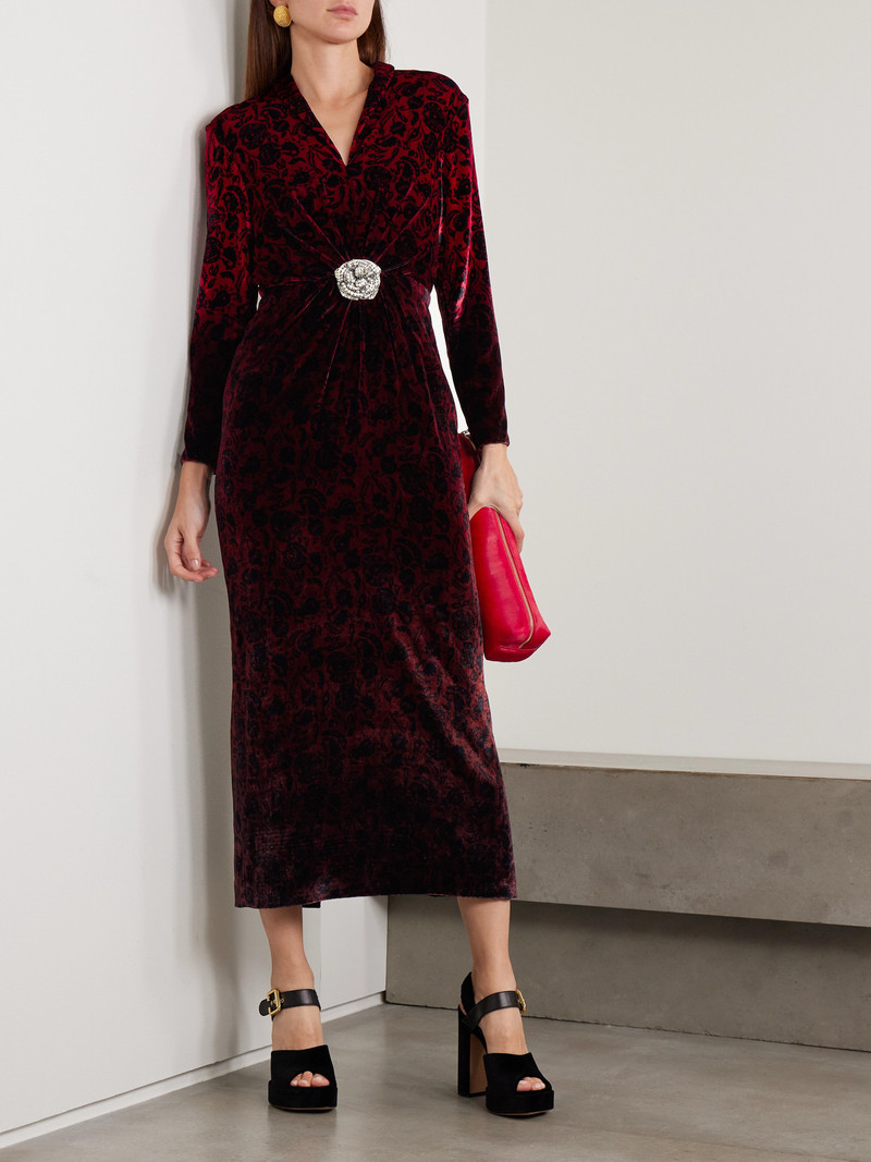 SALONI Mya Crystal-embellished Gathered Printed Velvet Midi Dress outlook