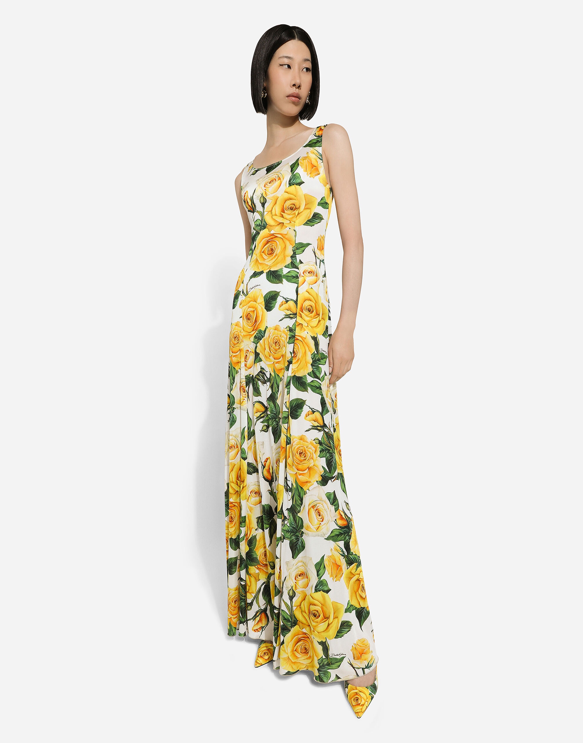 Long organzine round-neck dress with yellow rose print - 5