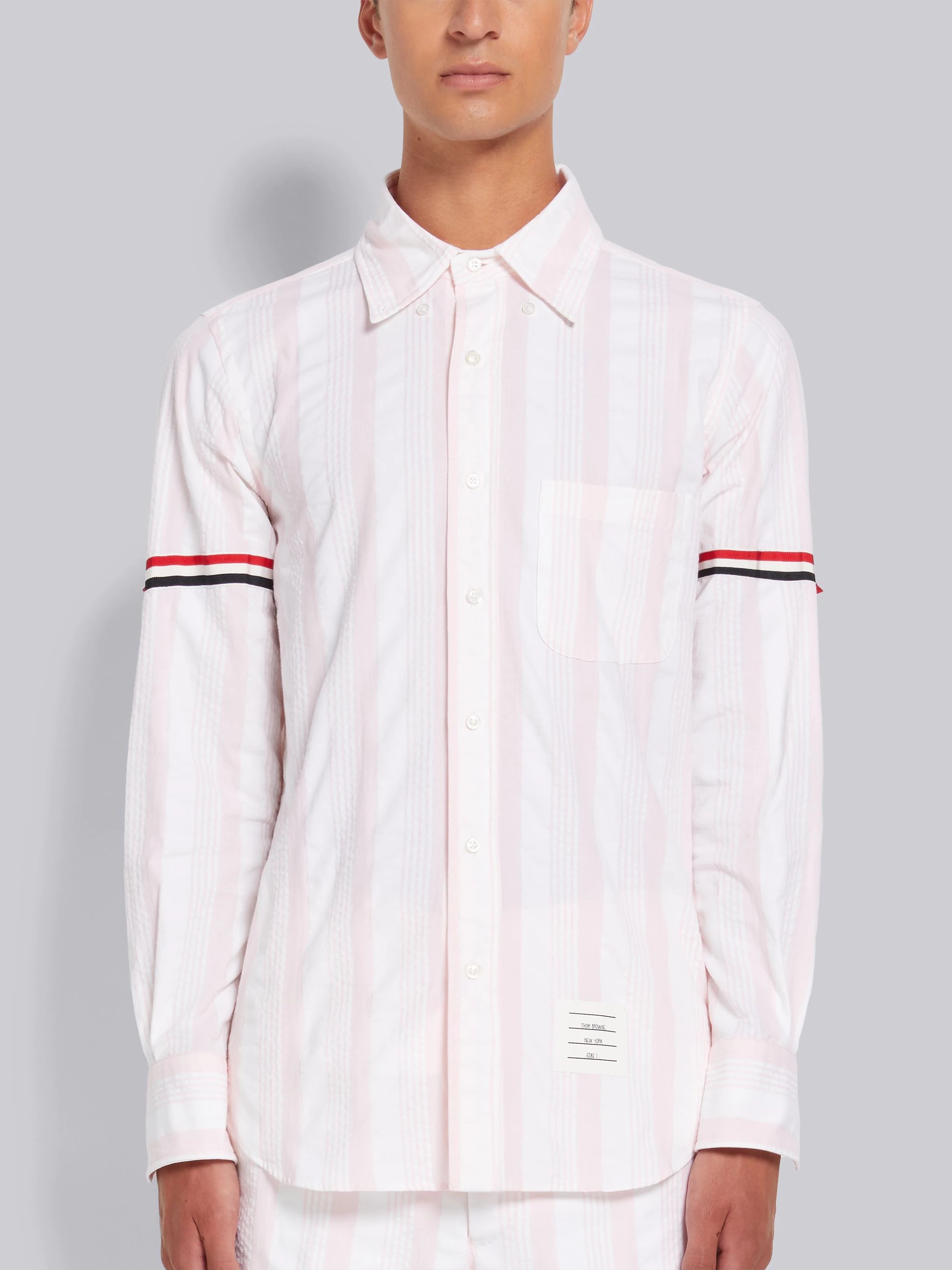Light Pink Stripe Seersucker Stripe Grosgrain Armband Straight Fit Shirt - 3